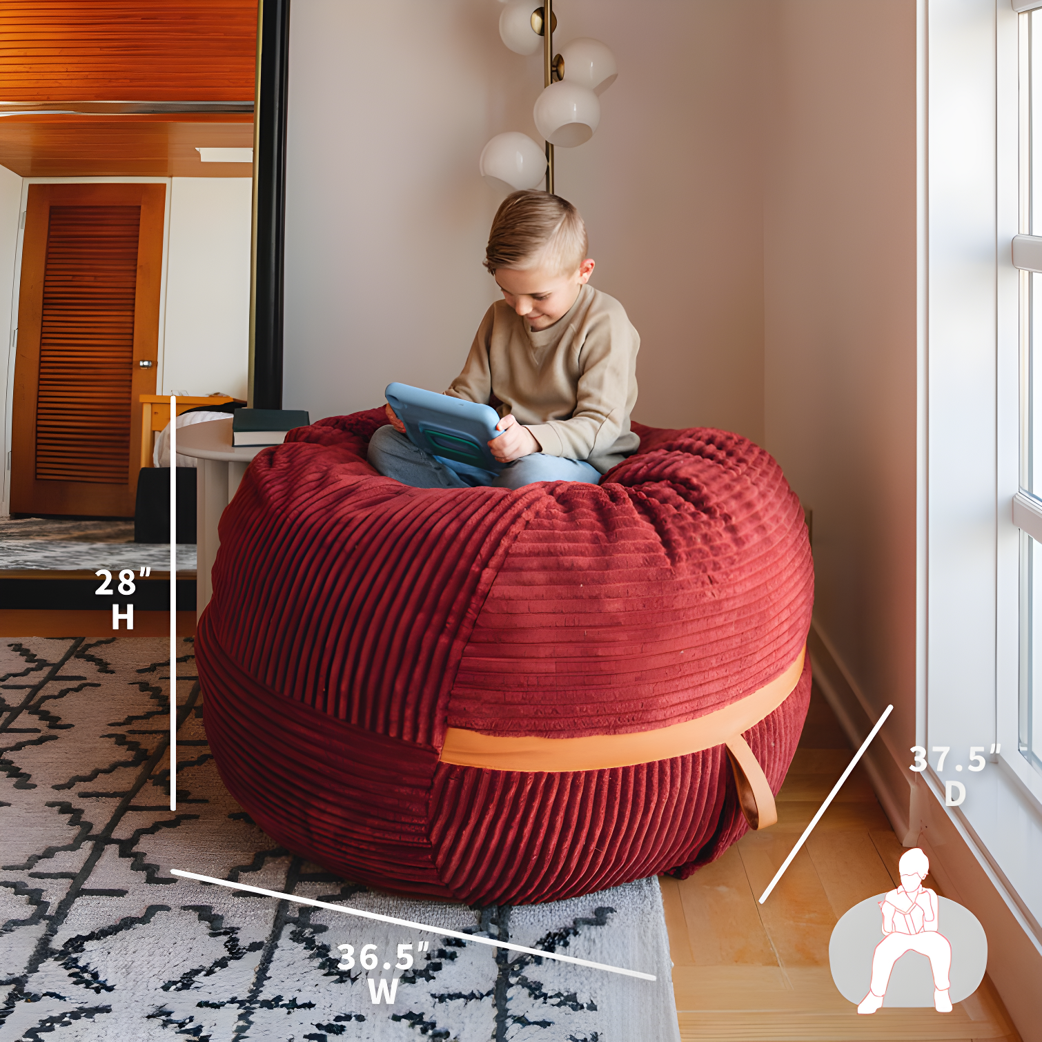 Big Joe Foam Filled Bean Bag Chair with Removable Cover, Corded Plush, Vegan Leather Accents, Medium to XXL Size
