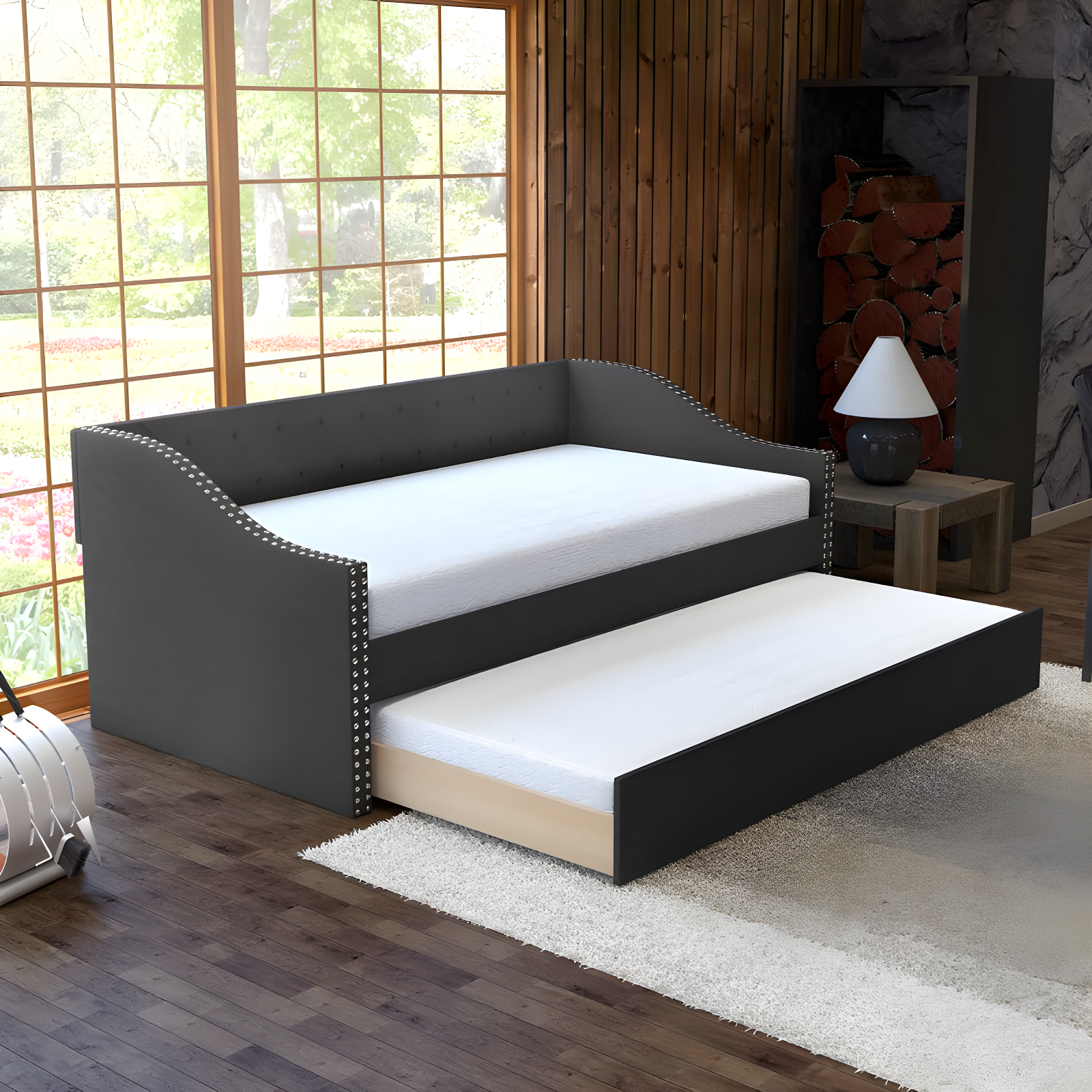 Boyd Sleep Manchester Upholstered Daybed with Pull Out Trundle, Twin Size, Tufted Backboard,