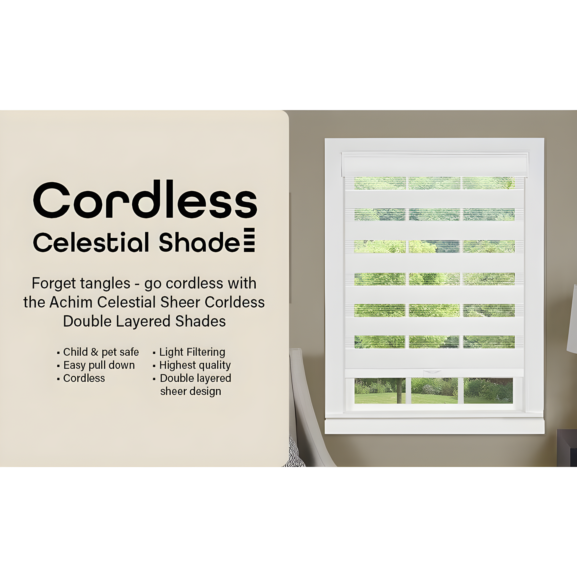 Ergode Cordless Celestial Sheer Double Layered Shade 29x72 - White