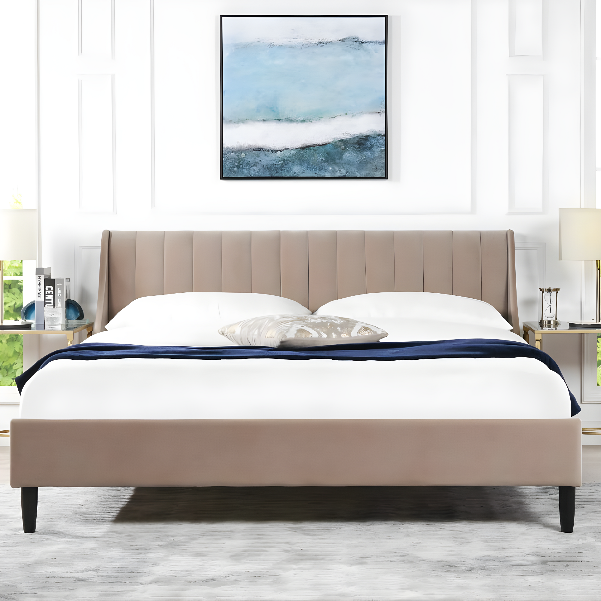 TiramisuBest King Vertical Tufted Headboard Bed Set, Mink Beige Velvet