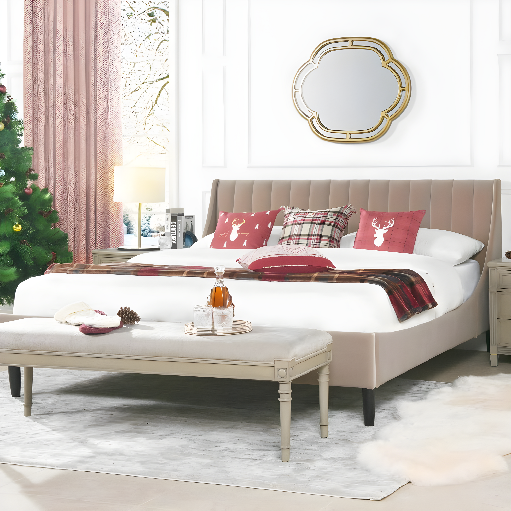 TiramisuBest King Vertical Tufted Headboard Bed Set, Mink Beige Velvet