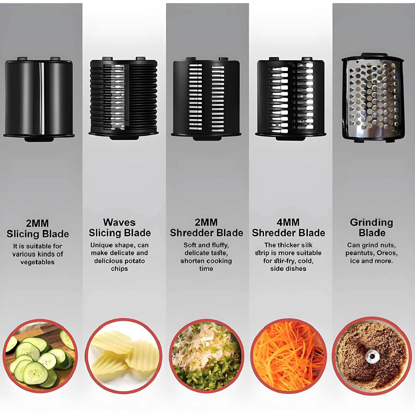 Ttak HOUSEWARE Electric Cheese Grater, 250W Professional Electric Slicer Shredder, One-Touch Control Electric Salad Machine Fruits, Vegetables, Cheeses, Salad Maker 5 Attachments Food Processor