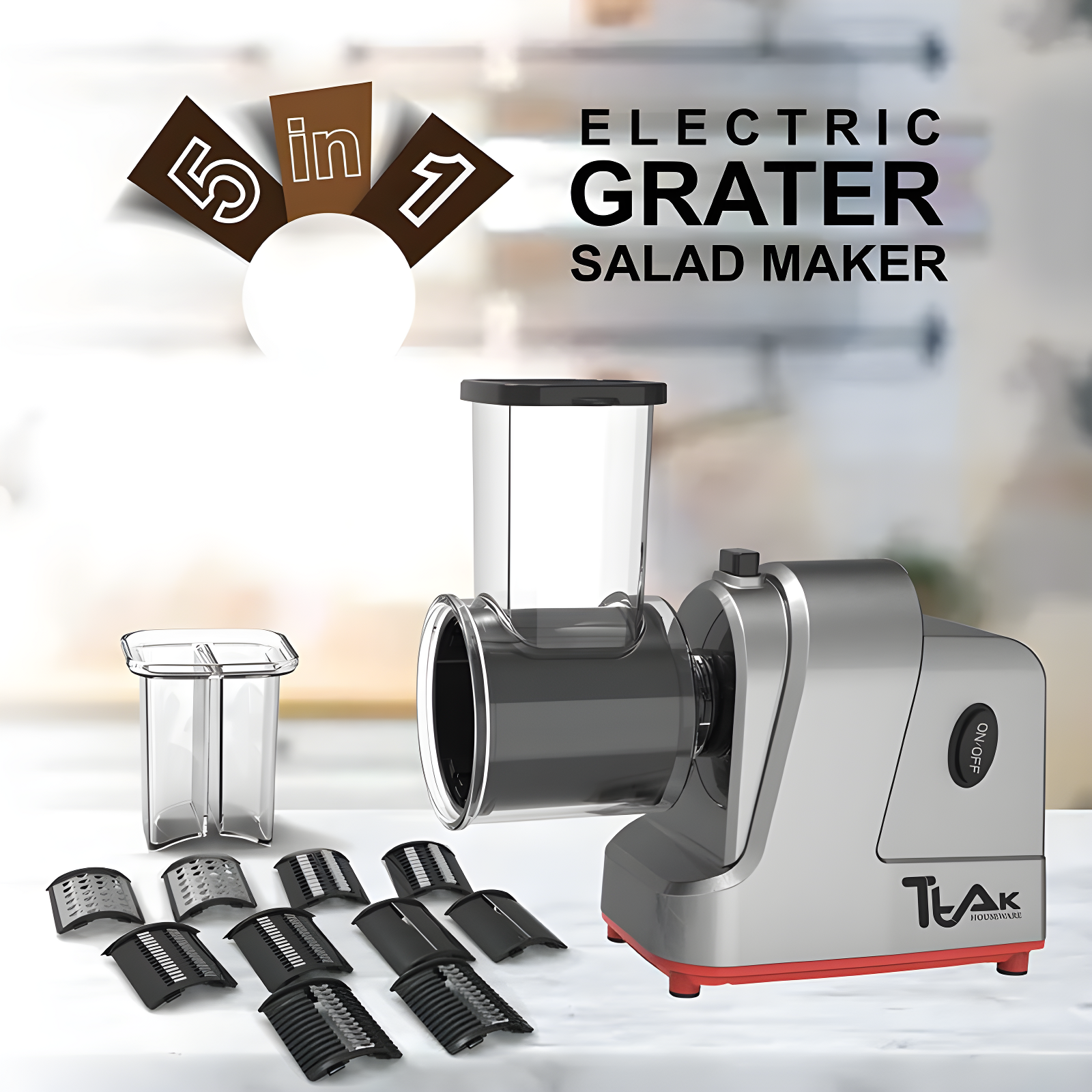 Ttak HOUSEWARE Electric Cheese Grater, 250W Professional Electric Slicer Shredder, One-Touch Control Electric Salad Machine Fruits, Vegetables, Cheeses, Salad Maker 5 Attachments Food Processor