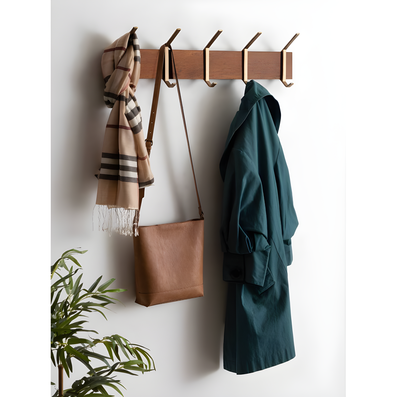 5pc Rossmore Hooks Walnut Brown - Kate & Laurel All Things Decor: Mid-Century Modern, Brushed Gold Finish, No Assembly Required