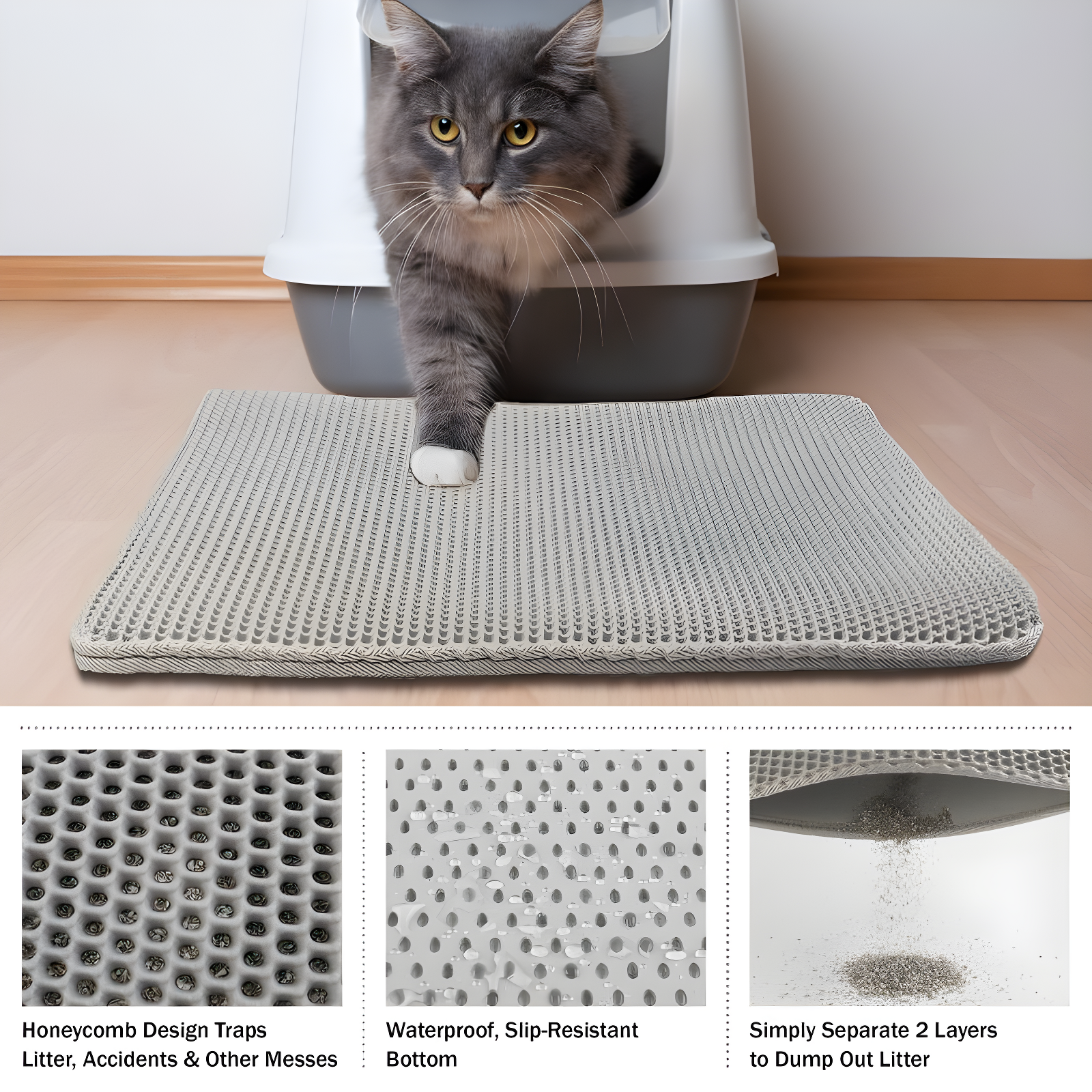 Cat Litter Mat - 30x24 Waterproof Litter Box Mat with Dual-Layer Honeycomb Design for Trapping Litter - Slip-Resistant Cat Mat