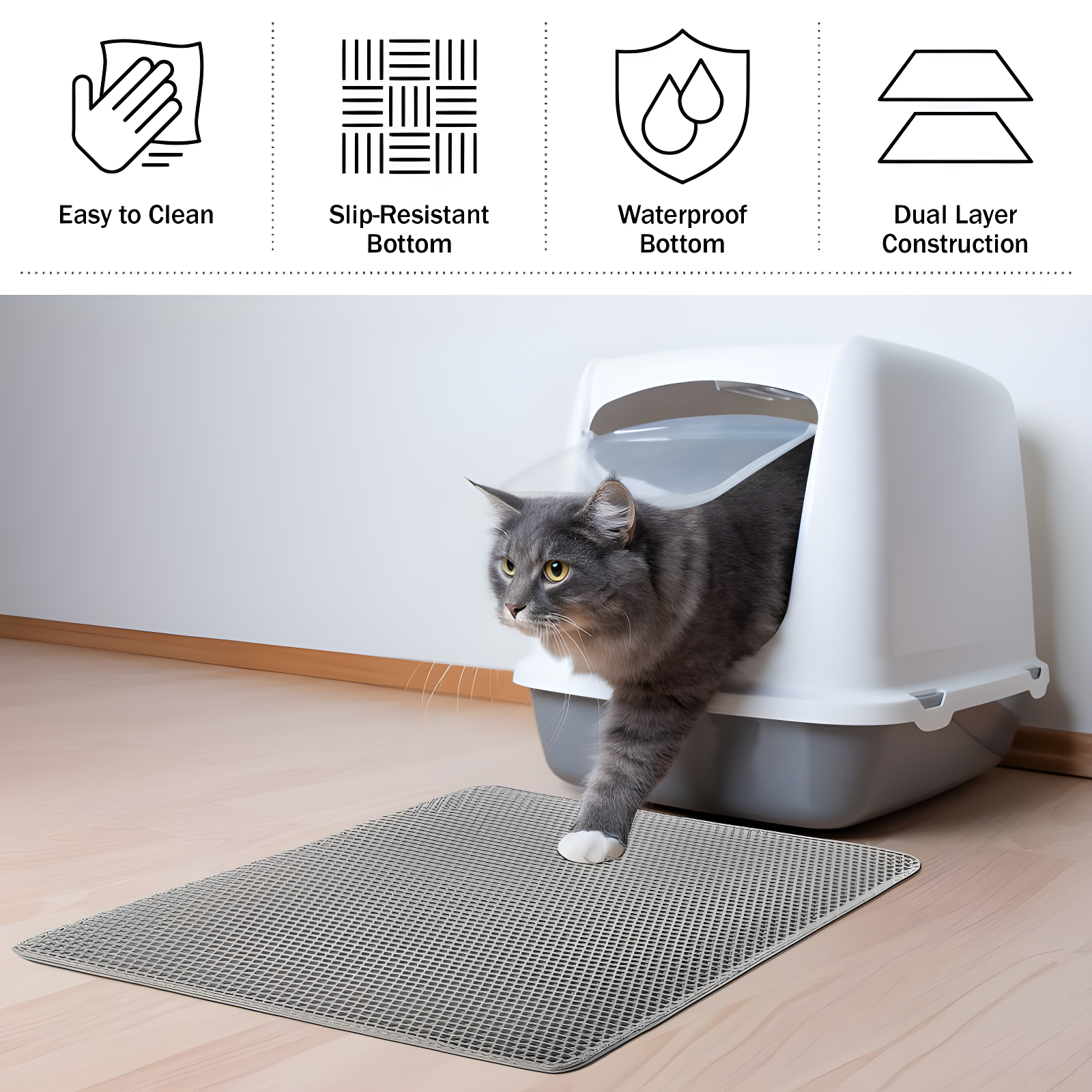 Cat Litter Mat - 30x24 Waterproof Litter Box Mat with Dual-Layer Honeycomb Design for Trapping Litter - Slip-Resistant Cat Mat