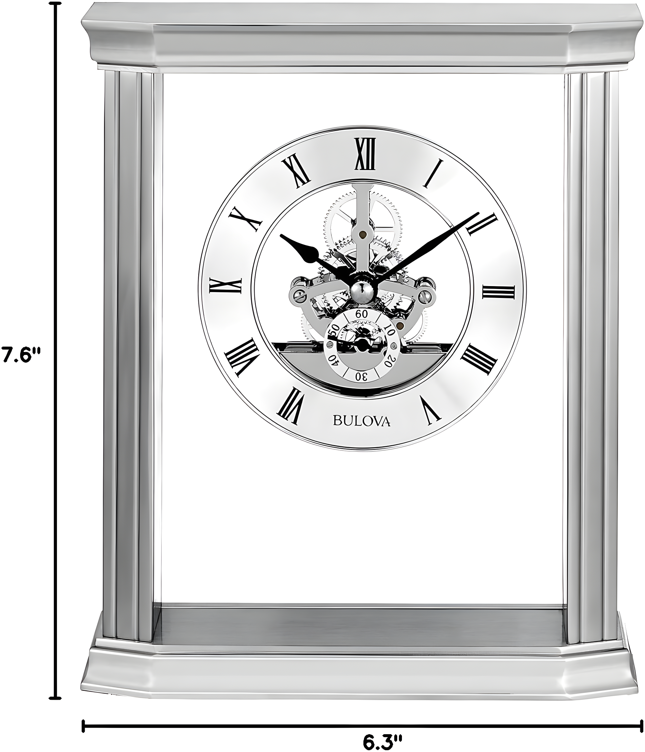 Bulova Roman Numeral Stainless Steel Quartz Movement / Crystal Tabletop Clock with Alarm in Silver