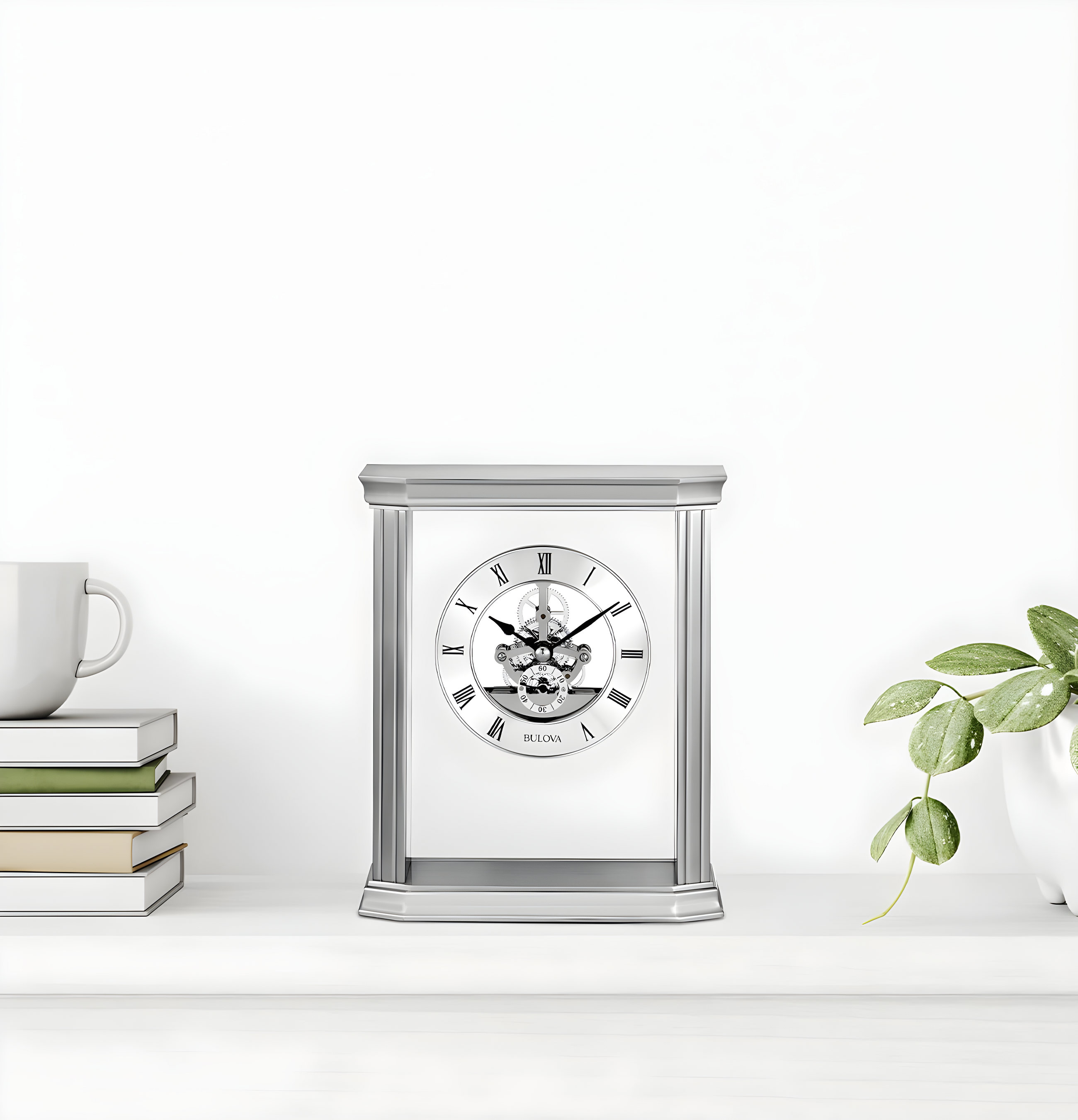 Bulova Roman Numeral Stainless Steel Quartz Movement / Crystal Tabletop Clock with Alarm in Silver