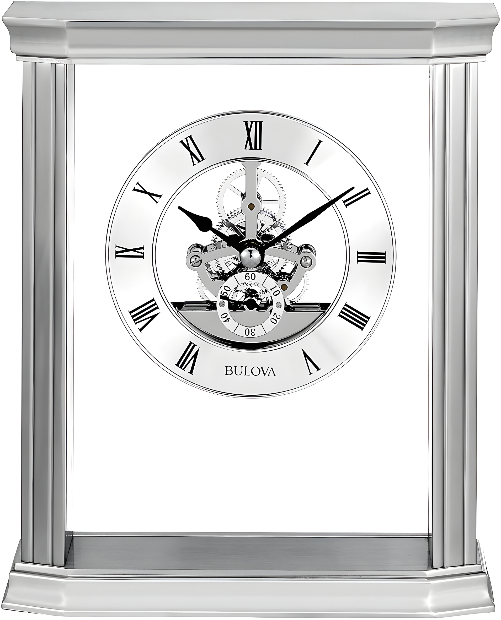 Bulova Roman Numeral Stainless Steel Quartz Movement / Crystal Tabletop Clock with Alarm in Silver
