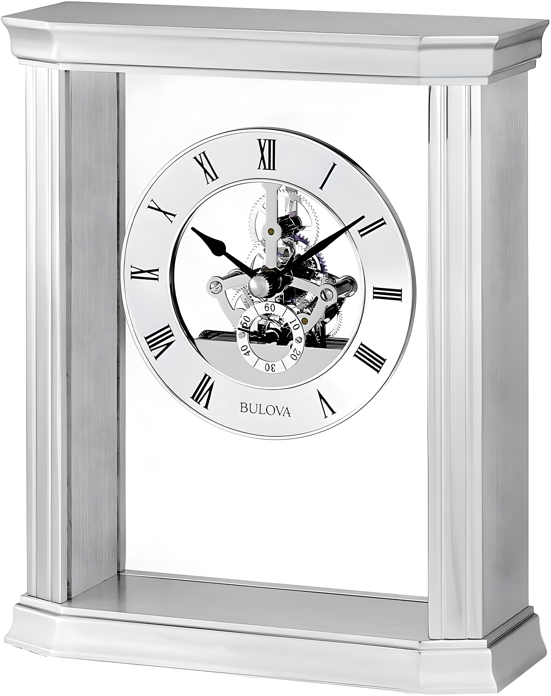 Bulova Roman Numeral Stainless Steel Quartz Movement / Crystal Tabletop Clock with Alarm in Silver