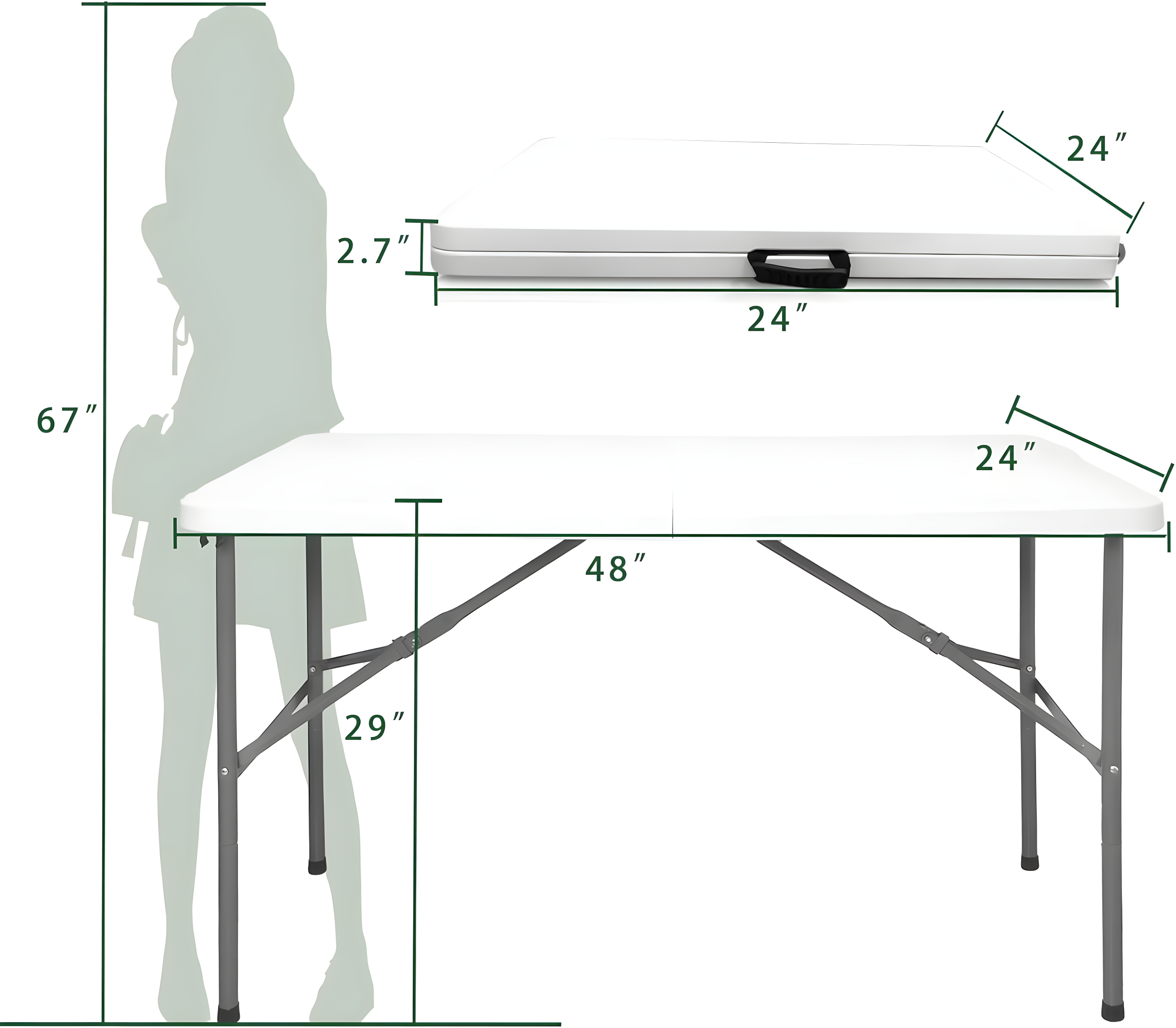 4 ft Portable Folding Table, Idustrial Heavy-Duty Foldable Table, HDPE Plastic Table, with Carrying Handle, Locks, Stright Legs for Indoor & Outdoor Party, Barbeque, Camping, Board Games - White