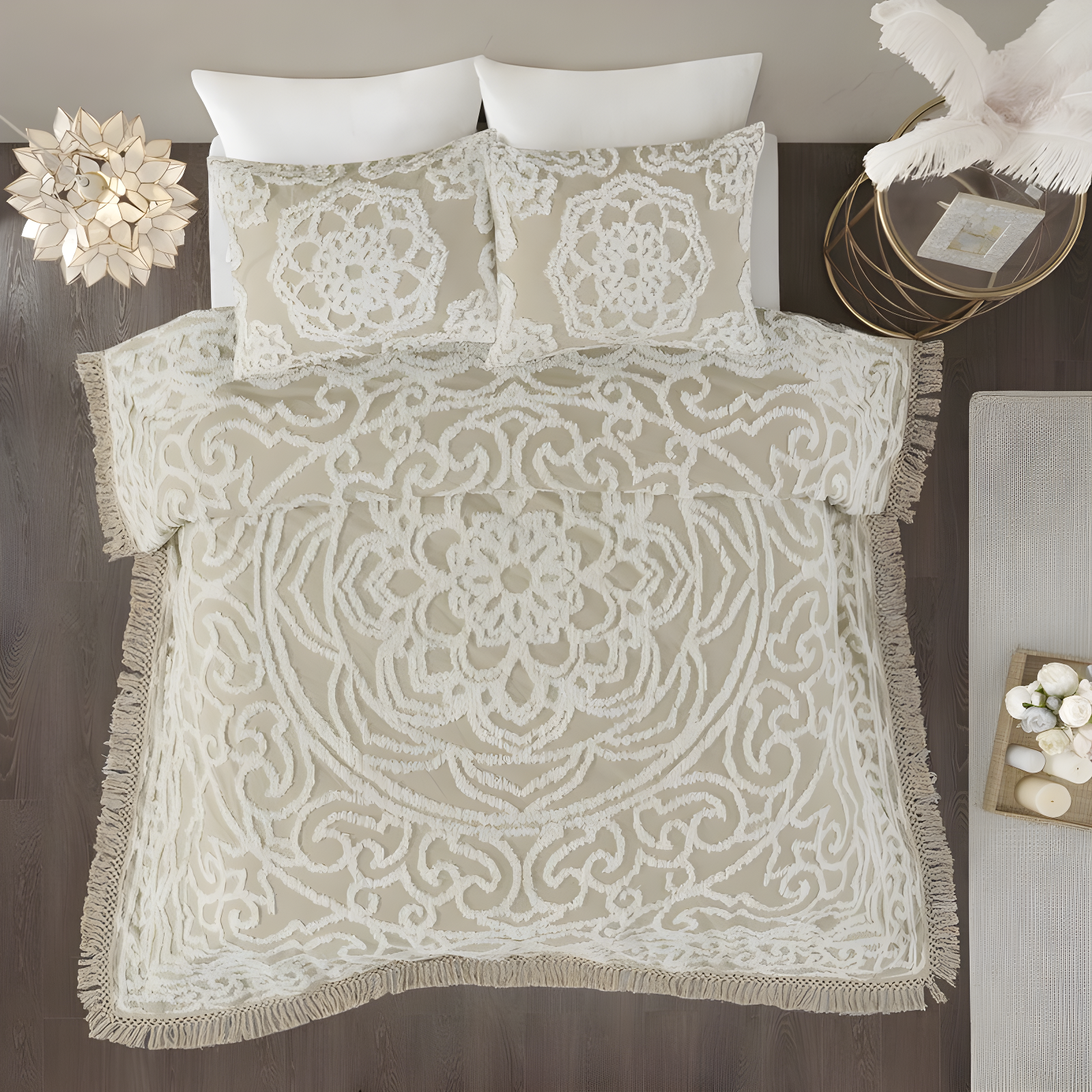 Madison Park Laetitia Tufted Chenille Cotton Medallion Fringe Coverlet Set