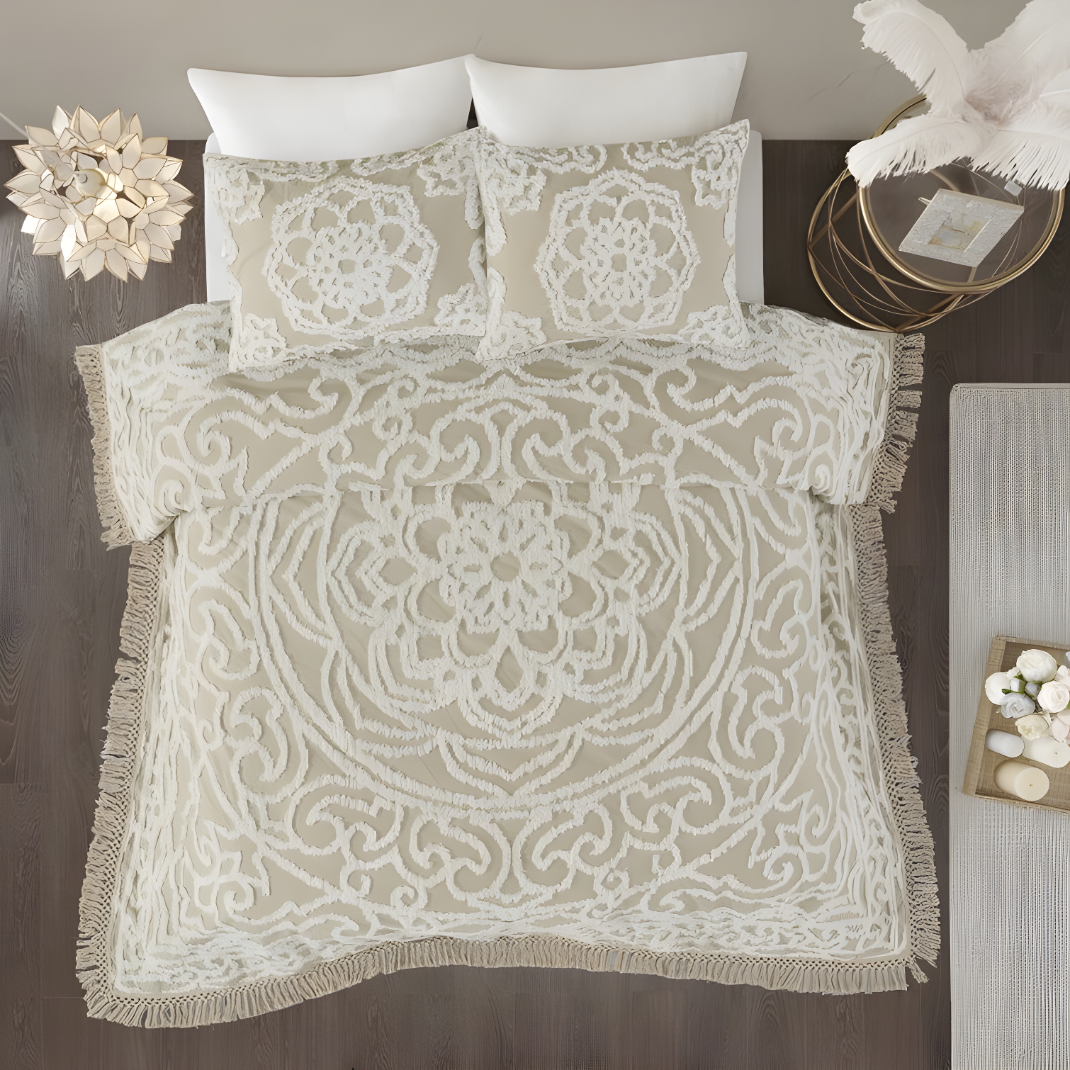 Madison Park Laetitia Tufted Chenille Cotton Medallion Fringe Coverlet Set