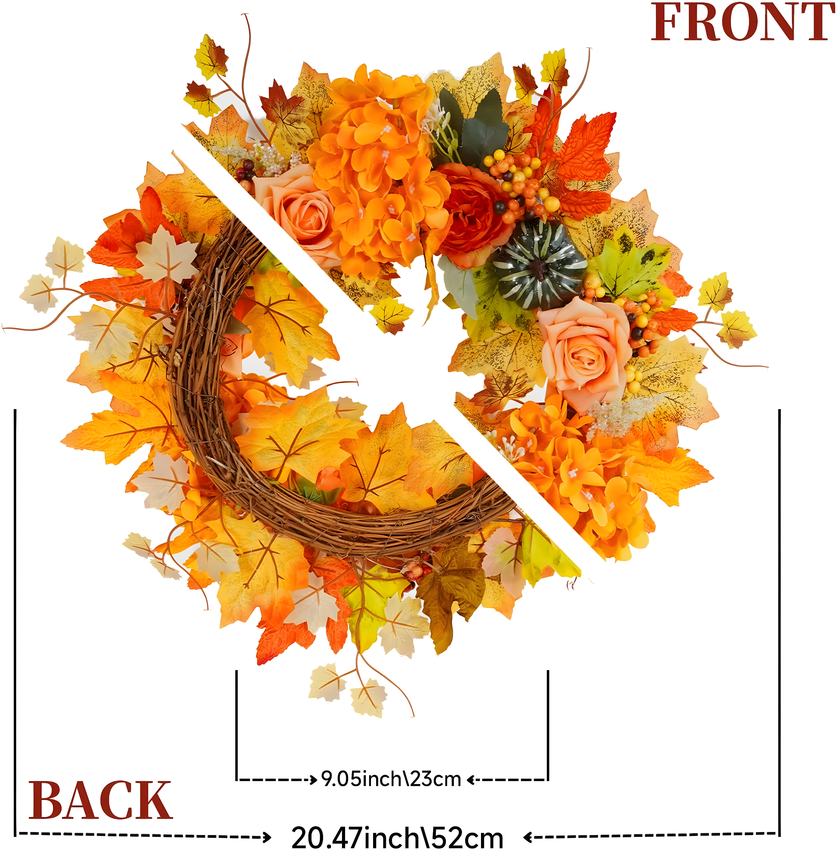 Fall Wreath 20’’ Autumn Front Door Wreath Harvest Wreath with Sunflower Pumpkins Berries Maple Leaves Daisies for Outside Indoor Home Wall Festival Thanksgiving Autumn Farmhouse Decor