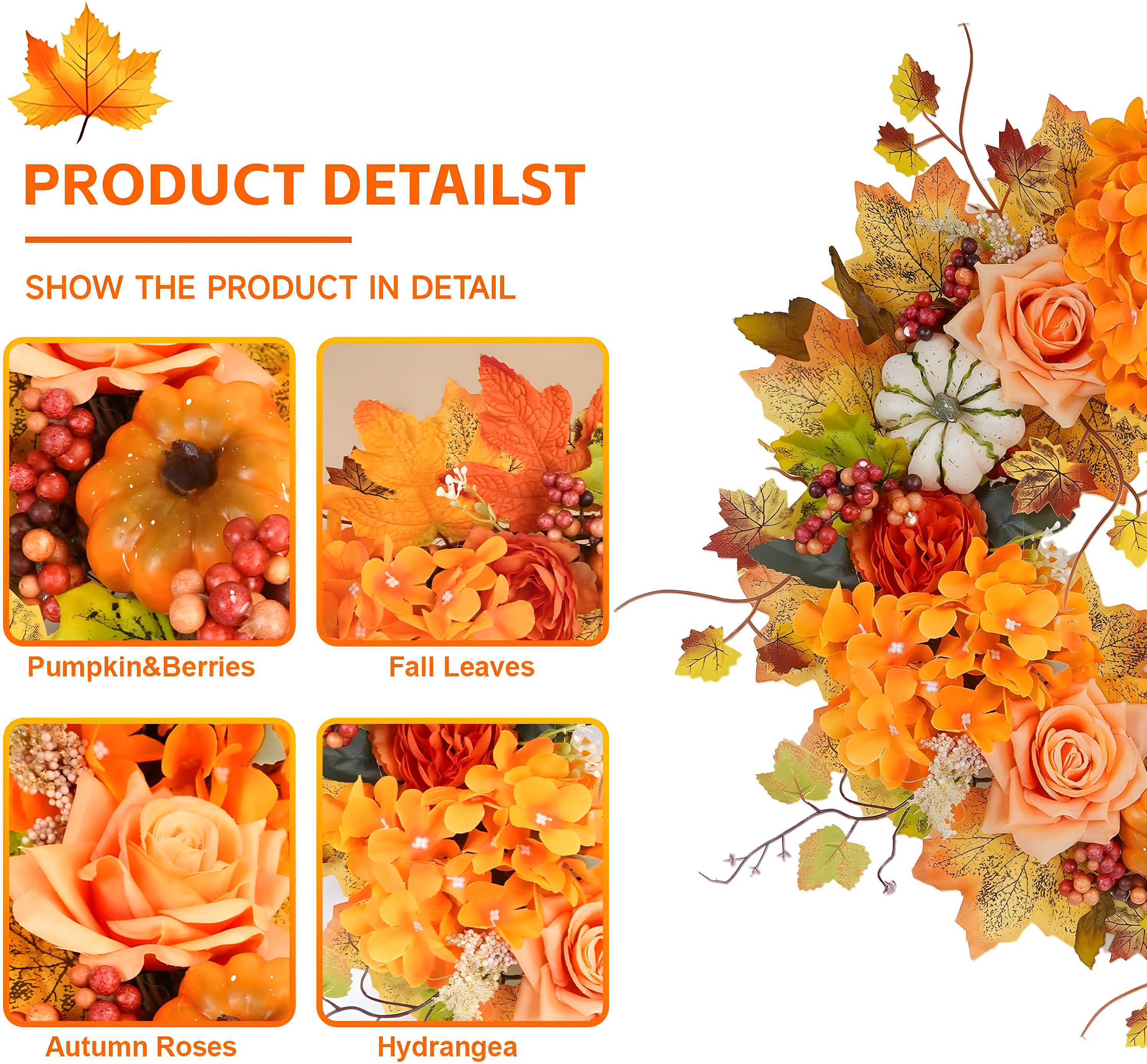 Fall Wreath 20’’ Autumn Front Door Wreath Harvest Wreath with Sunflower Pumpkins Berries Maple Leaves Daisies for Outside Indoor Home Wall Festival Thanksgiving Autumn Farmhouse Decor