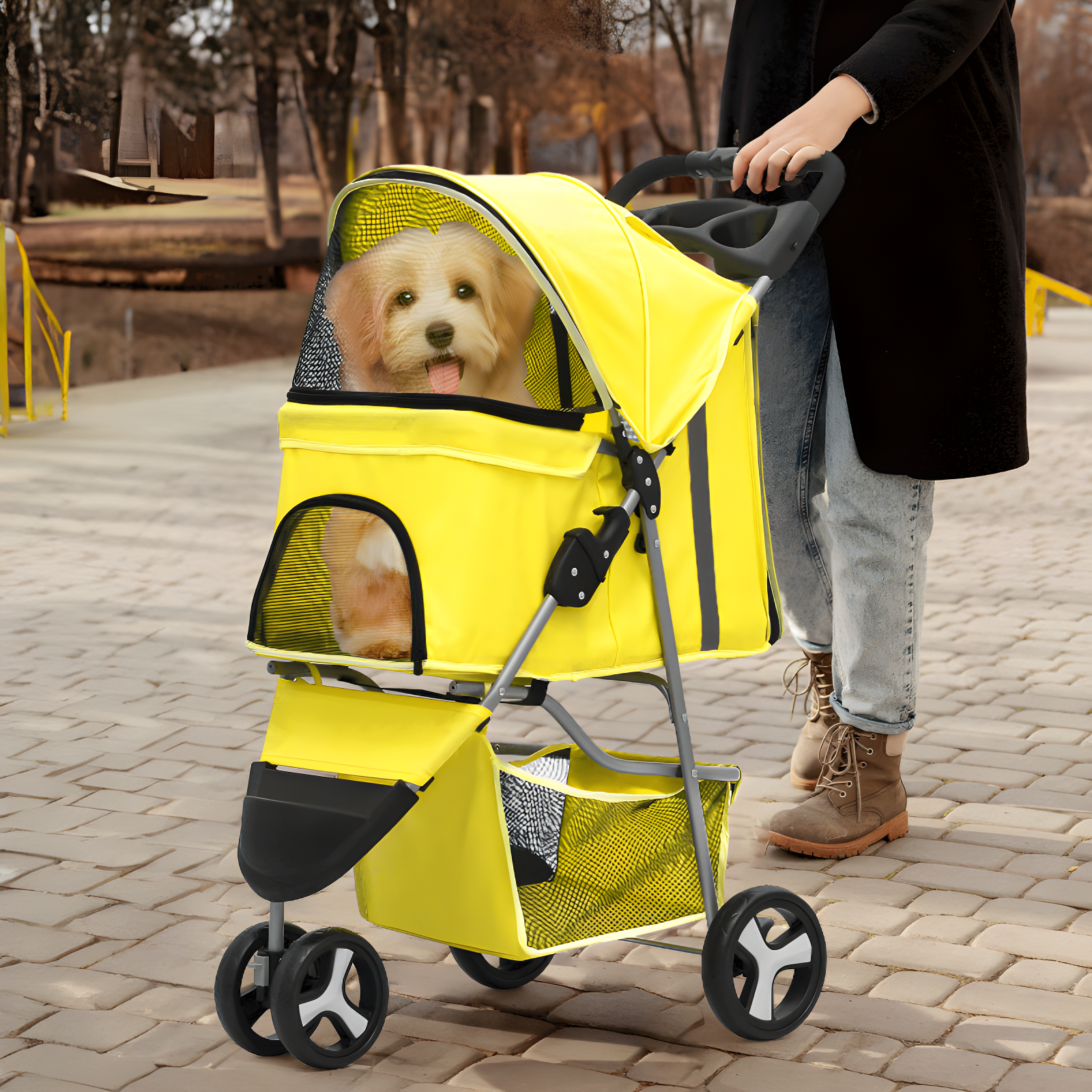 3 Wheel Folding Pet Stroller, Foldable Dog Jogger Stroller with Storage Basket, Cup Holder & Canopy