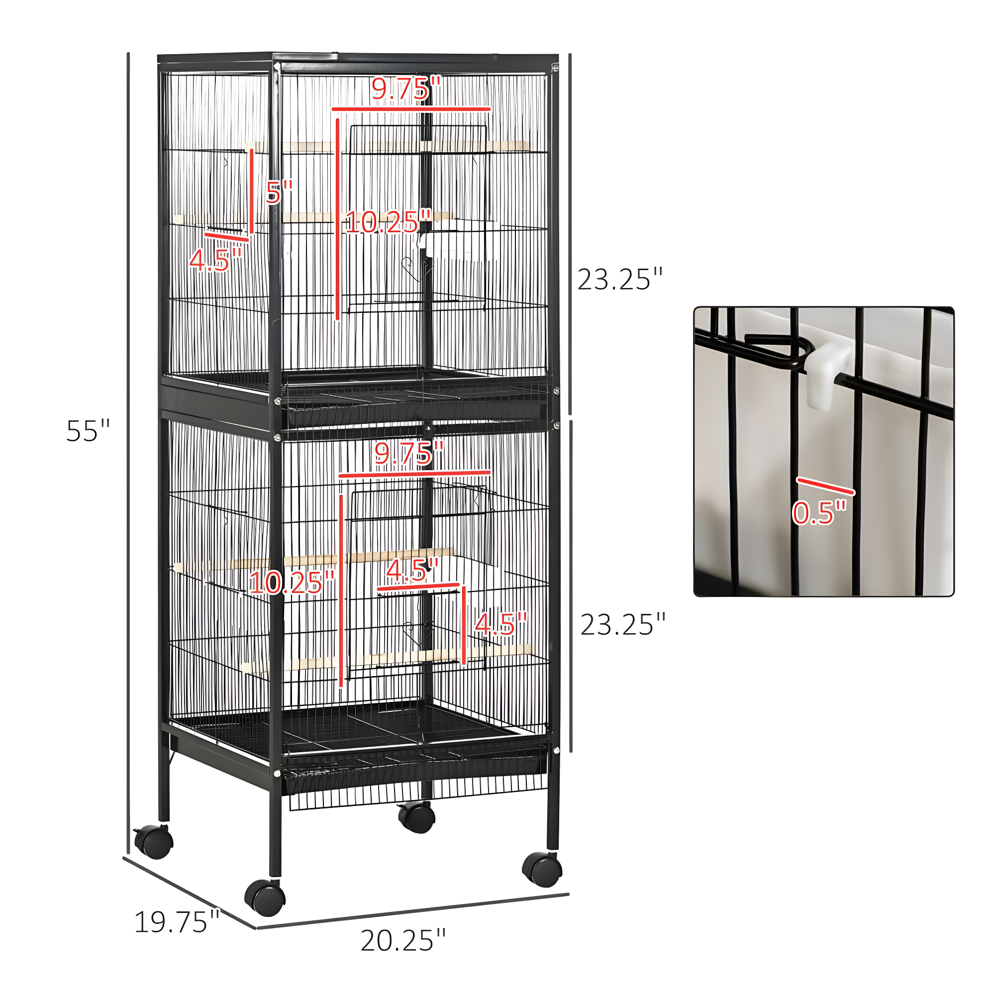 PawHut 55" 2 In 1 Bird Cage Aviary Parakeet House for finches, budgies with Wheels, Slide-out Trays, Wood Perch, Food Containers, Black