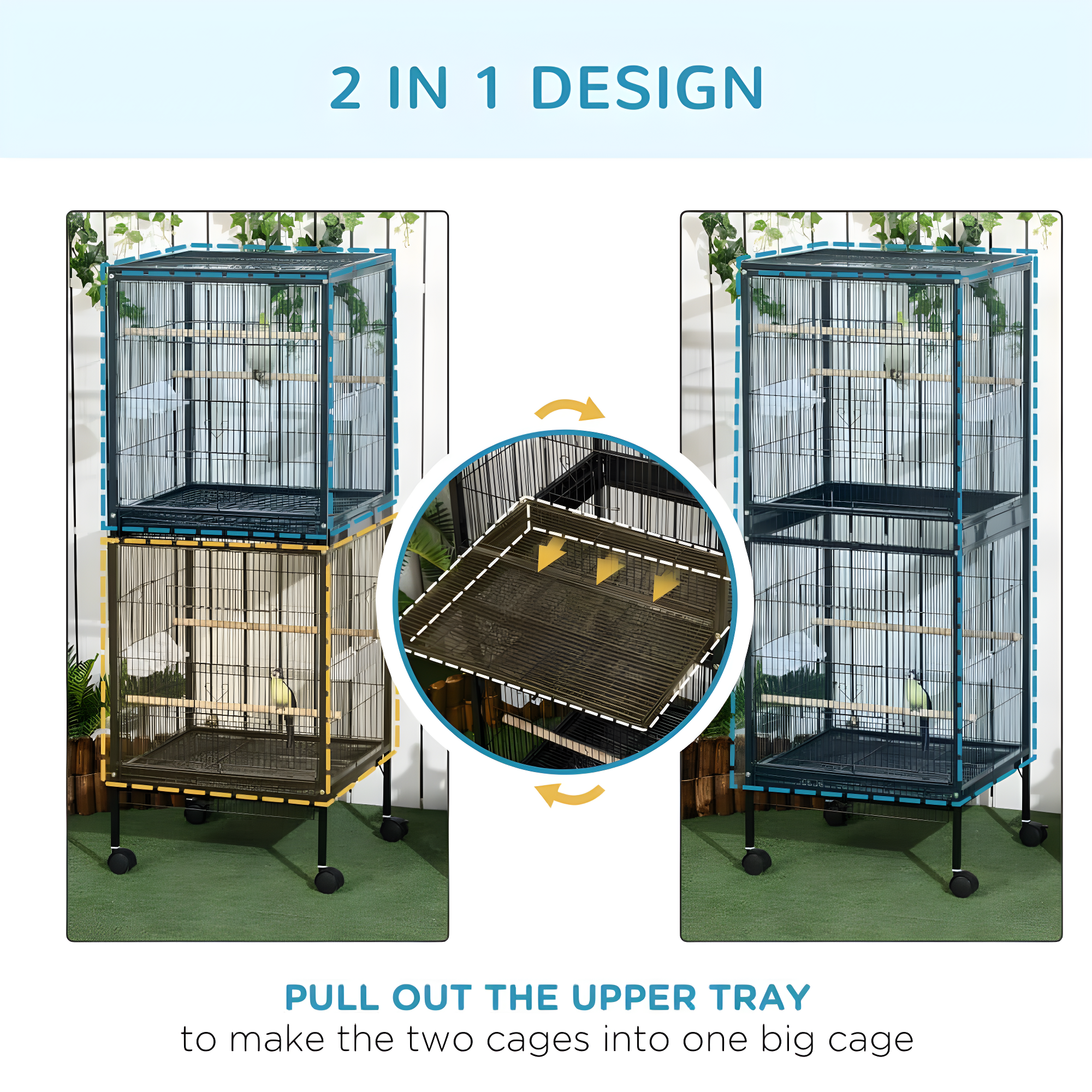 PawHut 55" 2 In 1 Bird Cage Aviary Parakeet House for finches, budgies with Wheels, Slide-out Trays, Wood Perch, Food Containers, Black