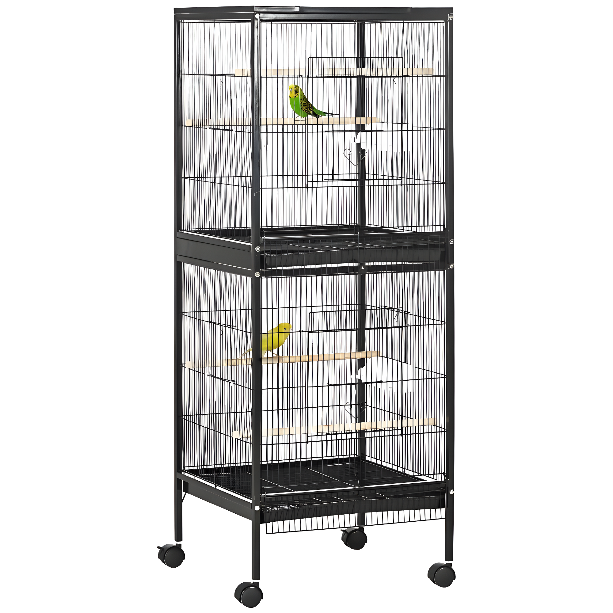 PawHut 55" 2 In 1 Bird Cage Aviary Parakeet House for finches, budgies with Wheels, Slide-out Trays, Wood Perch, Food Containers, Black