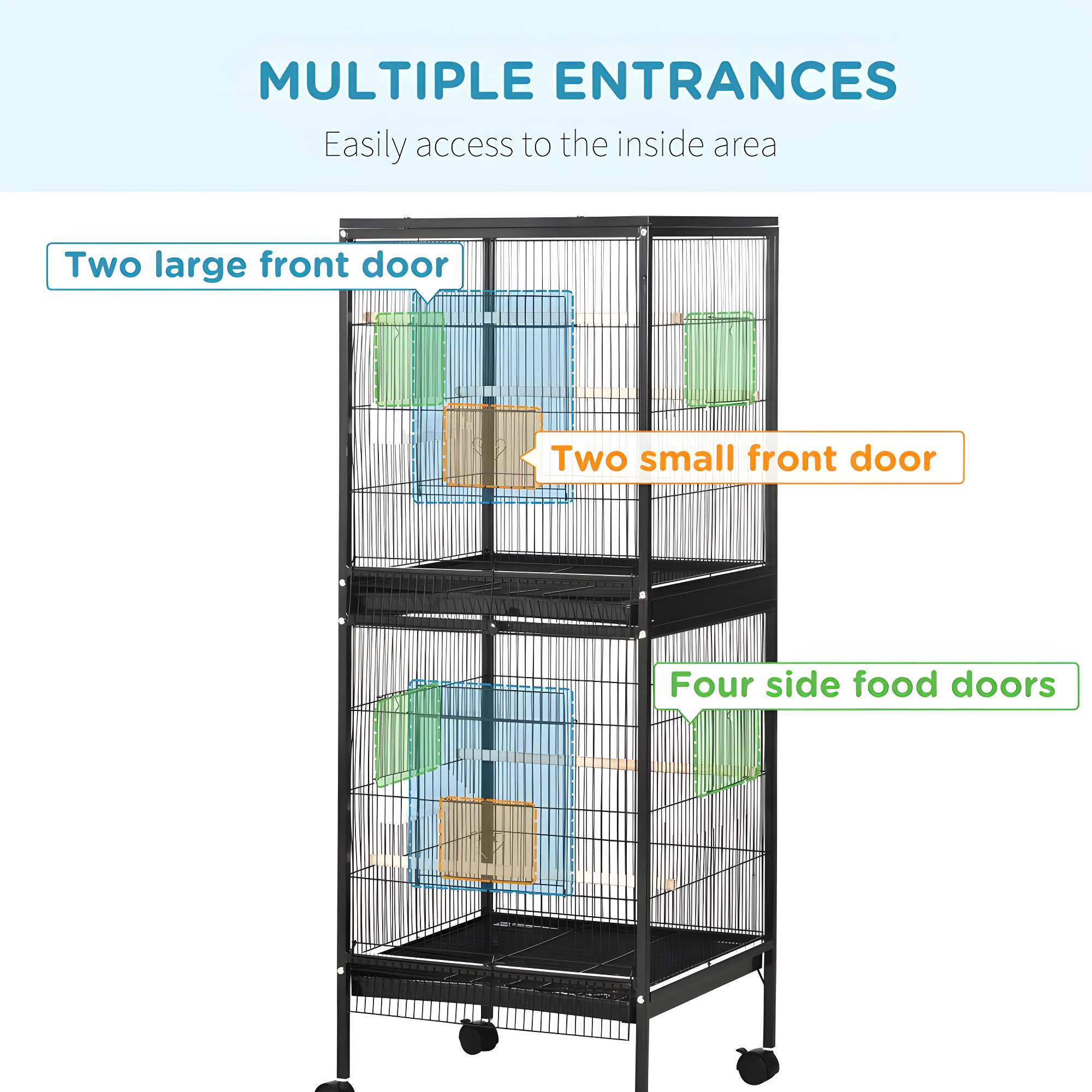 PawHut 55" 2 In 1 Bird Cage Aviary Parakeet House for finches, budgies with Wheels, Slide-out Trays, Wood Perch, Food Containers, Black