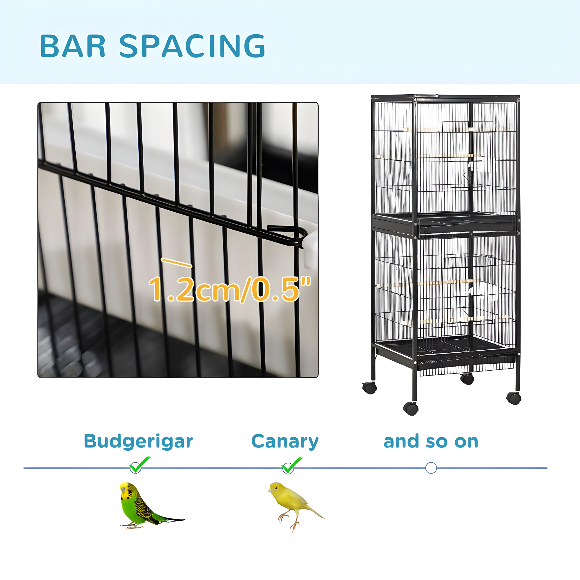 PawHut 55" 2 In 1 Bird Cage Aviary Parakeet House for finches, budgies with Wheels, Slide-out Trays, Wood Perch, Food Containers, Black
