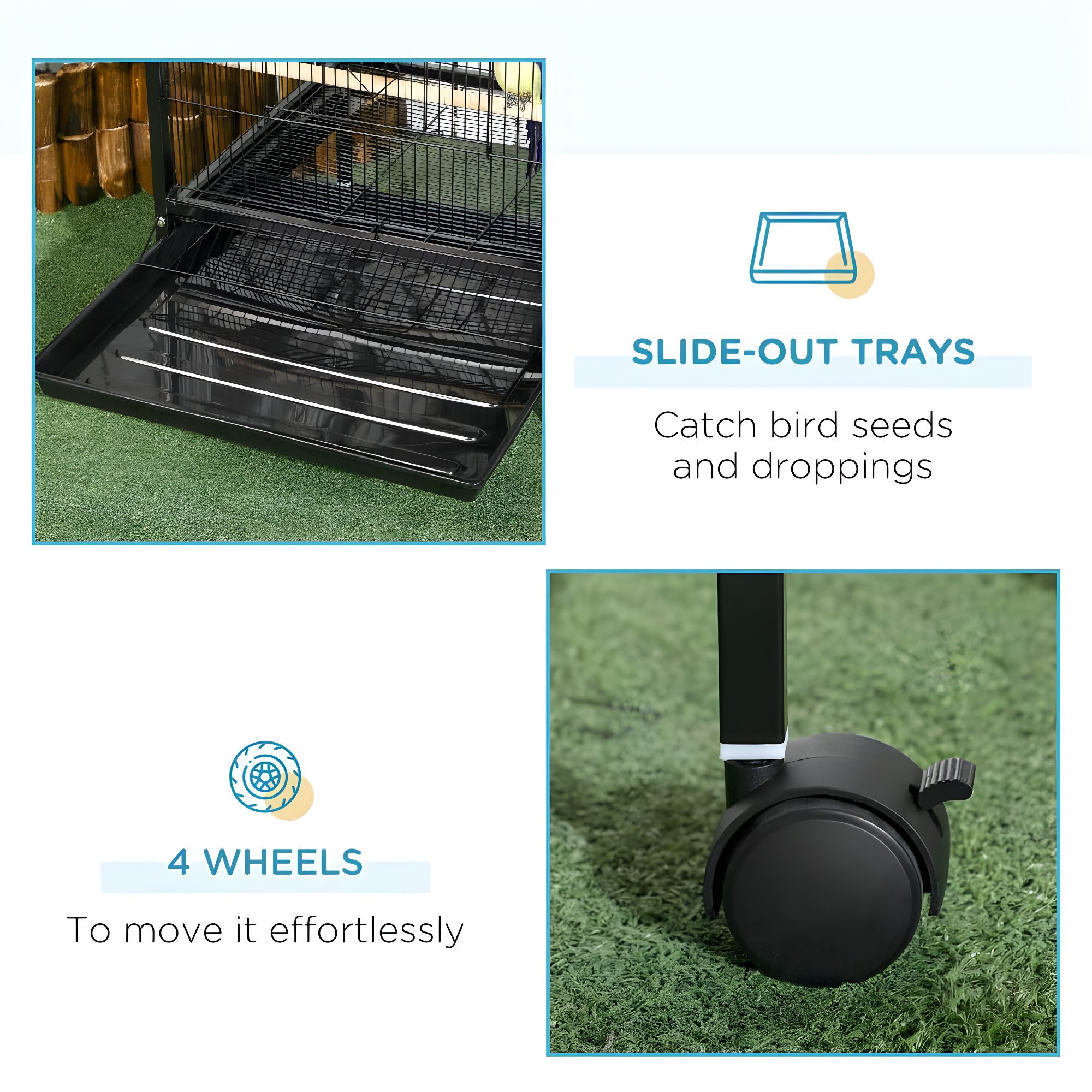 PawHut 55" 2 In 1 Bird Cage Aviary Parakeet House for finches, budgies with Wheels, Slide-out Trays, Wood Perch, Food Containers, Black