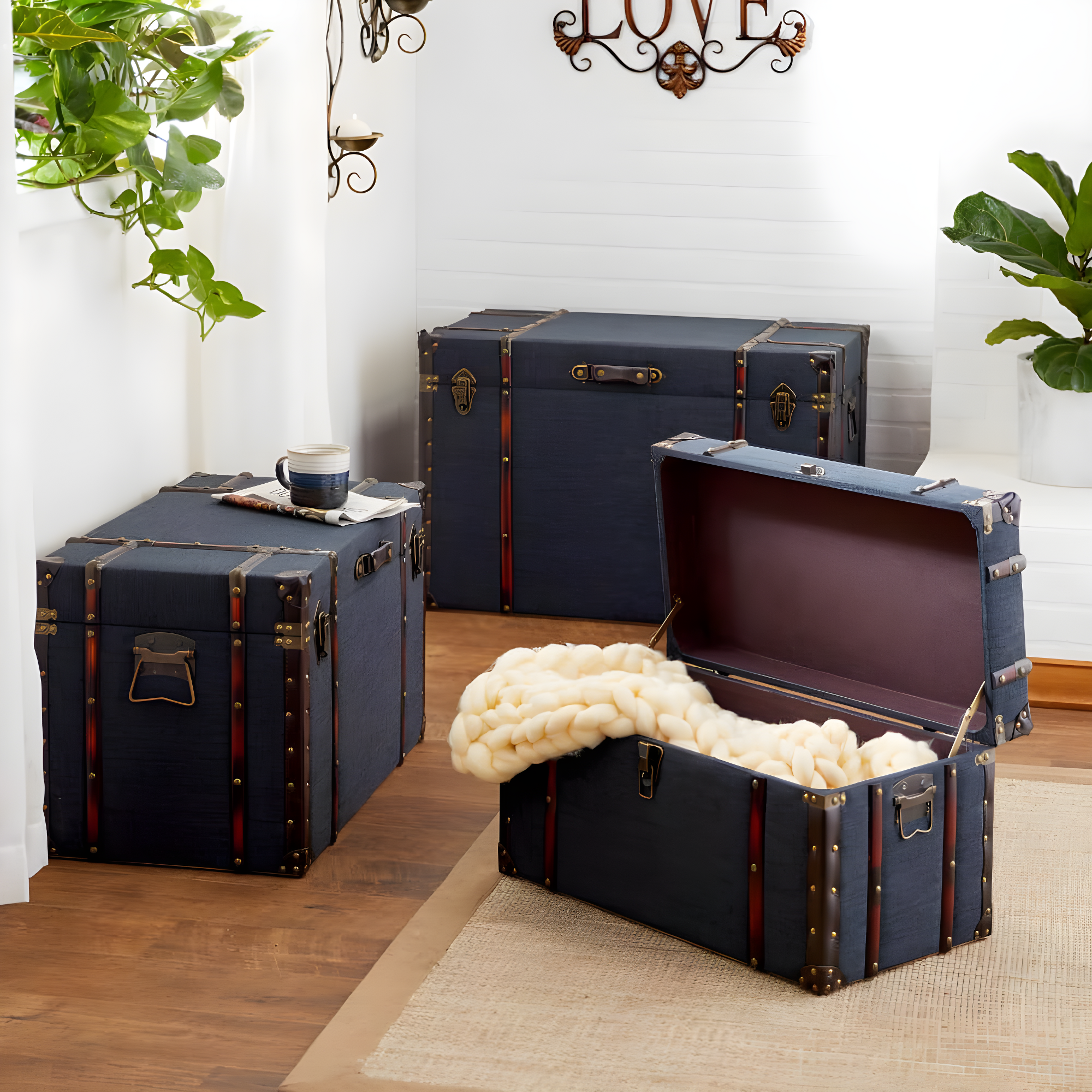DecMode 24" x 13" Blue Linen Fabric Nesting Upholstered Trunk with Buckle Hinged Top, 3-Pieces