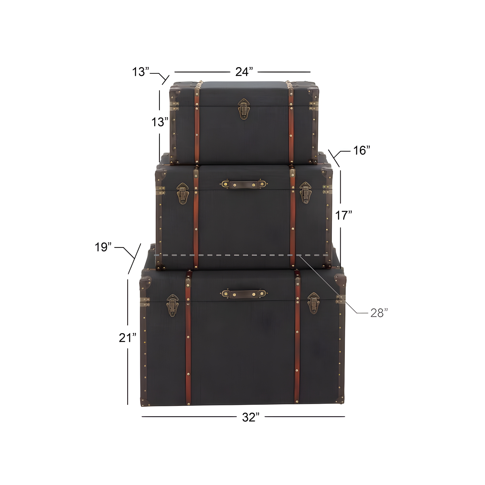 DecMode 24" x 13" Blue Linen Fabric Nesting Upholstered Trunk with Buckle Hinged Top, 3-Pieces