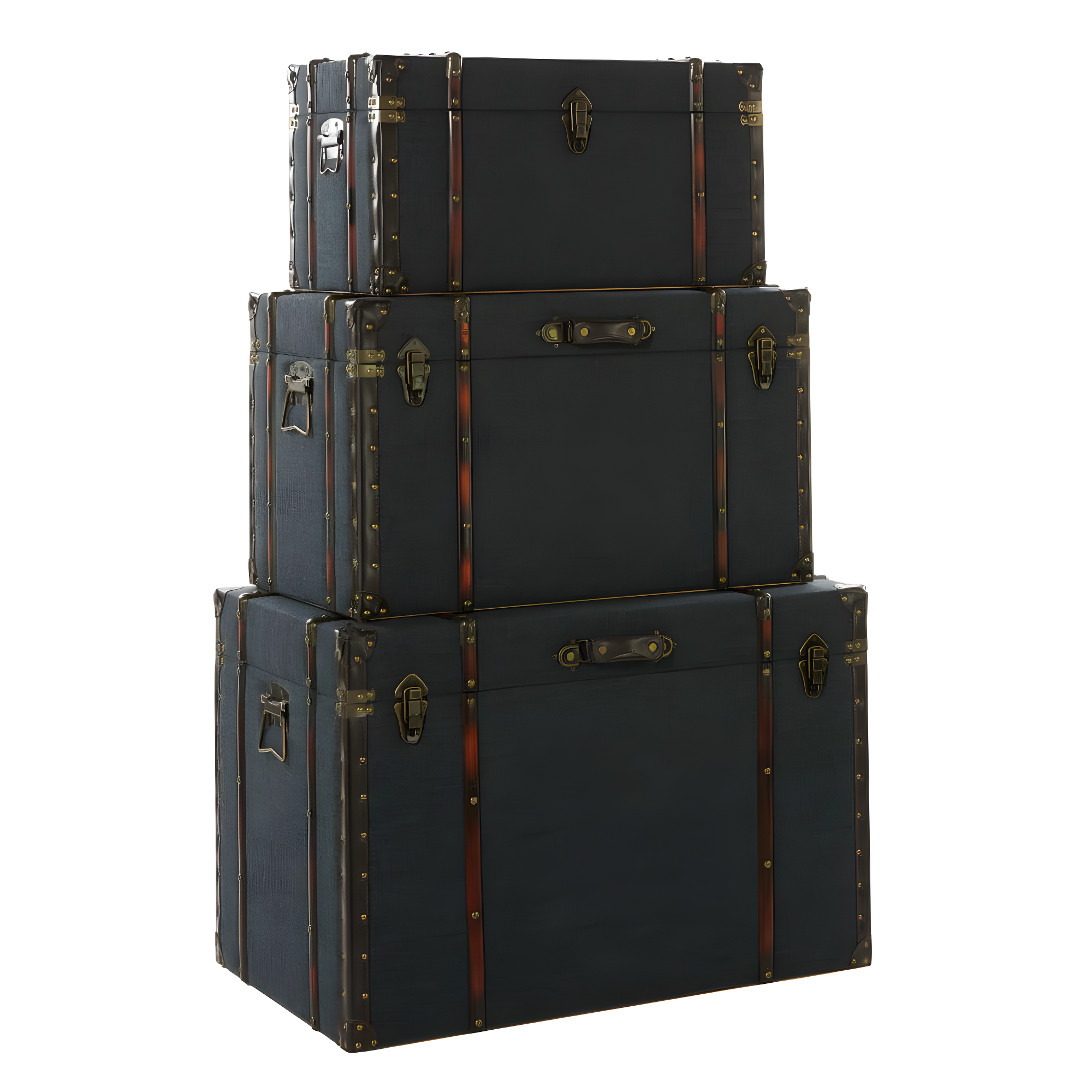 DecMode 24" x 13" Blue Linen Fabric Nesting Upholstered Trunk with Buckle Hinged Top, 3-Pieces