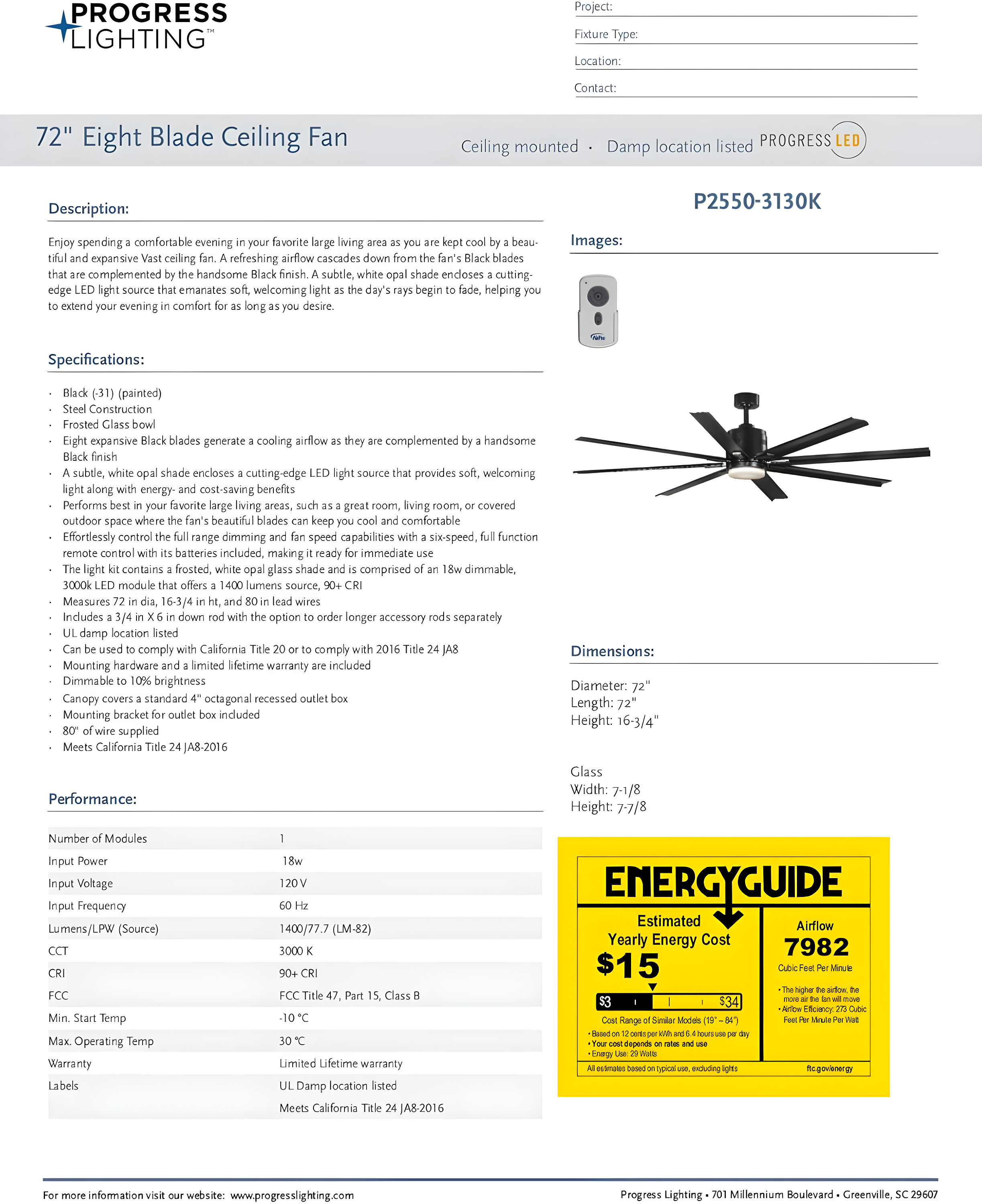 Vast 72'' Ceiling Fan with LED Lights