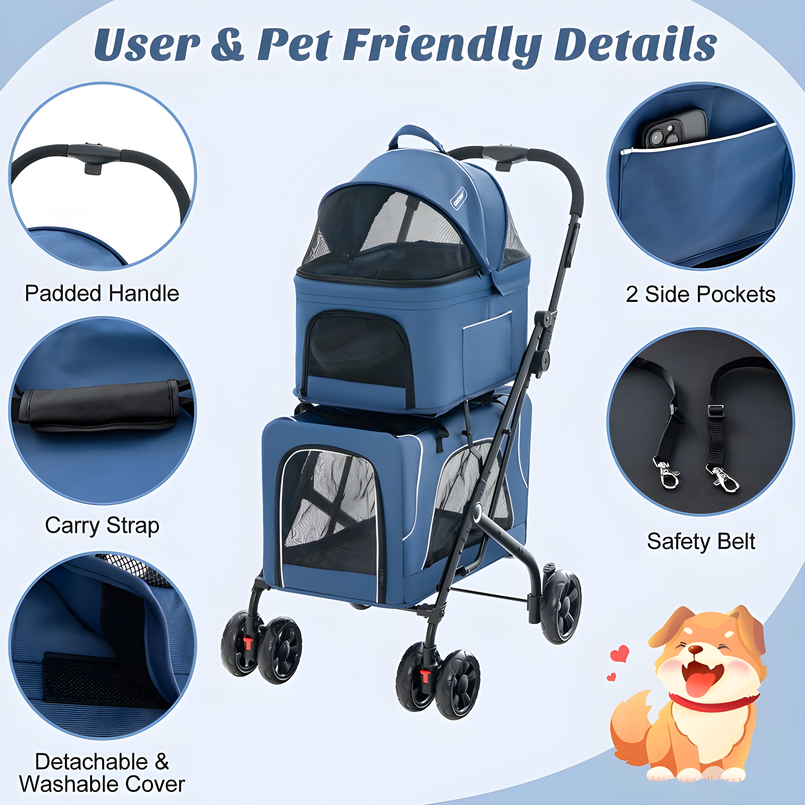 Costway Double Pet Stroller for 2 Dogs or Cats w/ 2 Detachable Carriers Safety Belt Blue