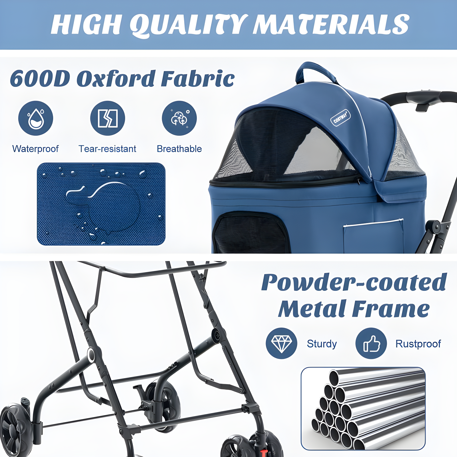 Costway Double Pet Stroller for 2 Dogs or Cats w/ 2 Detachable Carriers Safety Belt Blue