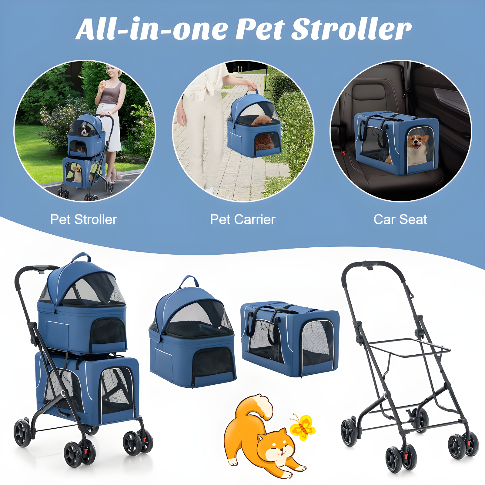 Costway Double Pet Stroller for 2 Dogs or Cats w/ 2 Detachable Carriers Safety Belt Blue