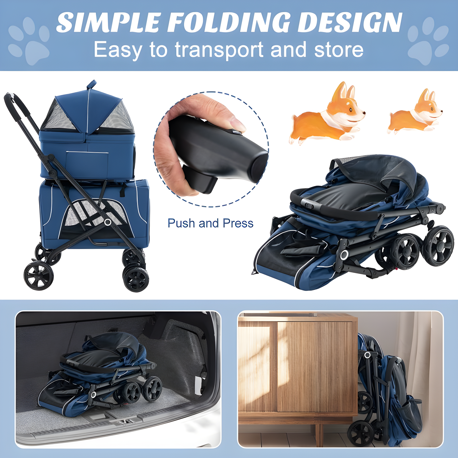 Costway Double Pet Stroller for 2 Dogs or Cats w/ 2 Detachable Carriers Safety Belt Blue