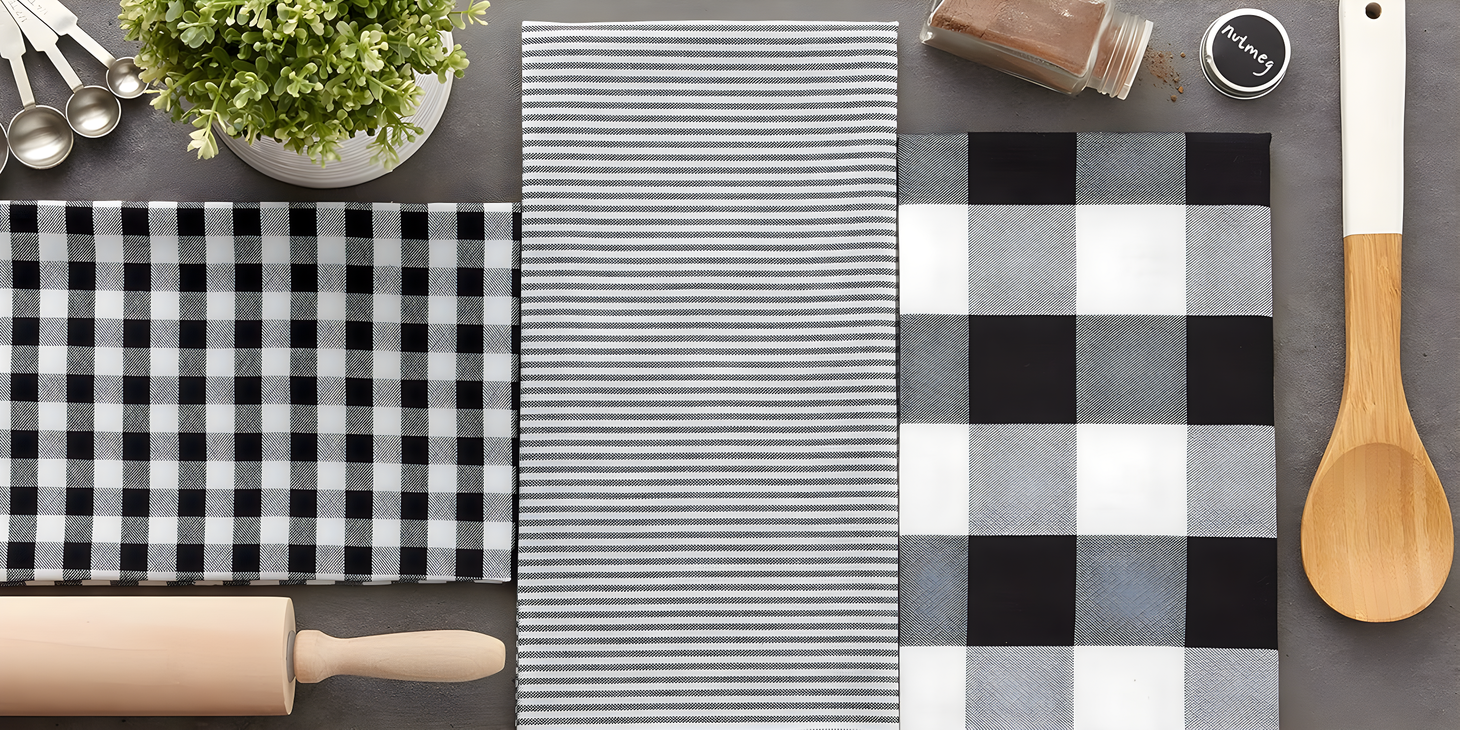 Design Imports  Dishtowel Set Gingham/Buffalo Check 3 Piece, 20X30", Black