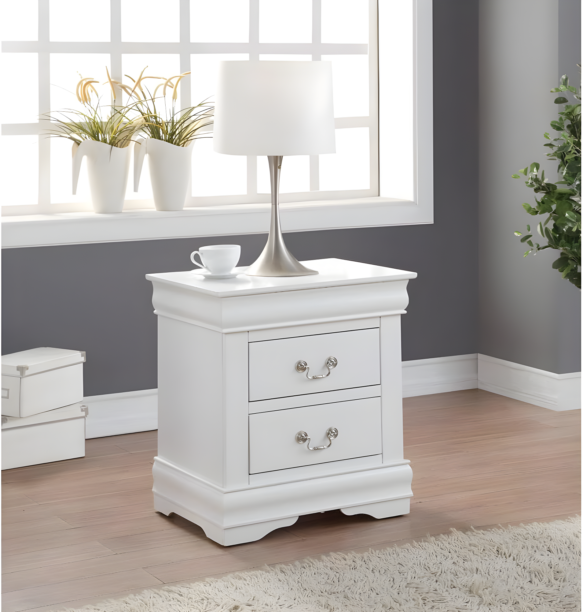 Canora Grey Esa Nightstand In Traditional Design With Two Drawers And Brushed Nickel Metal Handle | Wayfair
