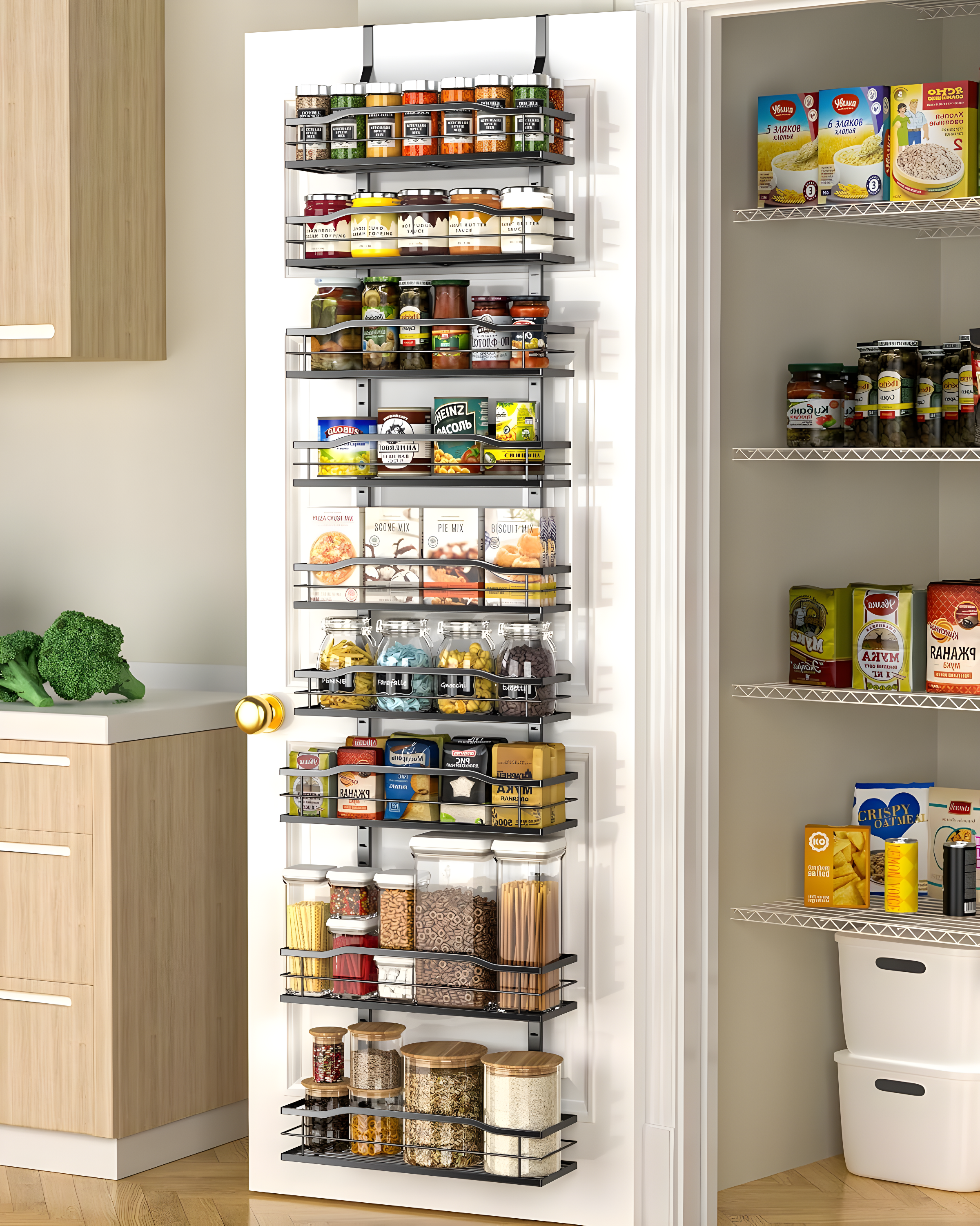 Rebrilliant 9-Tier Over The Door Pantry Organizer, Black Hanging Basket Wall Spice Rack Seasoning Shelves