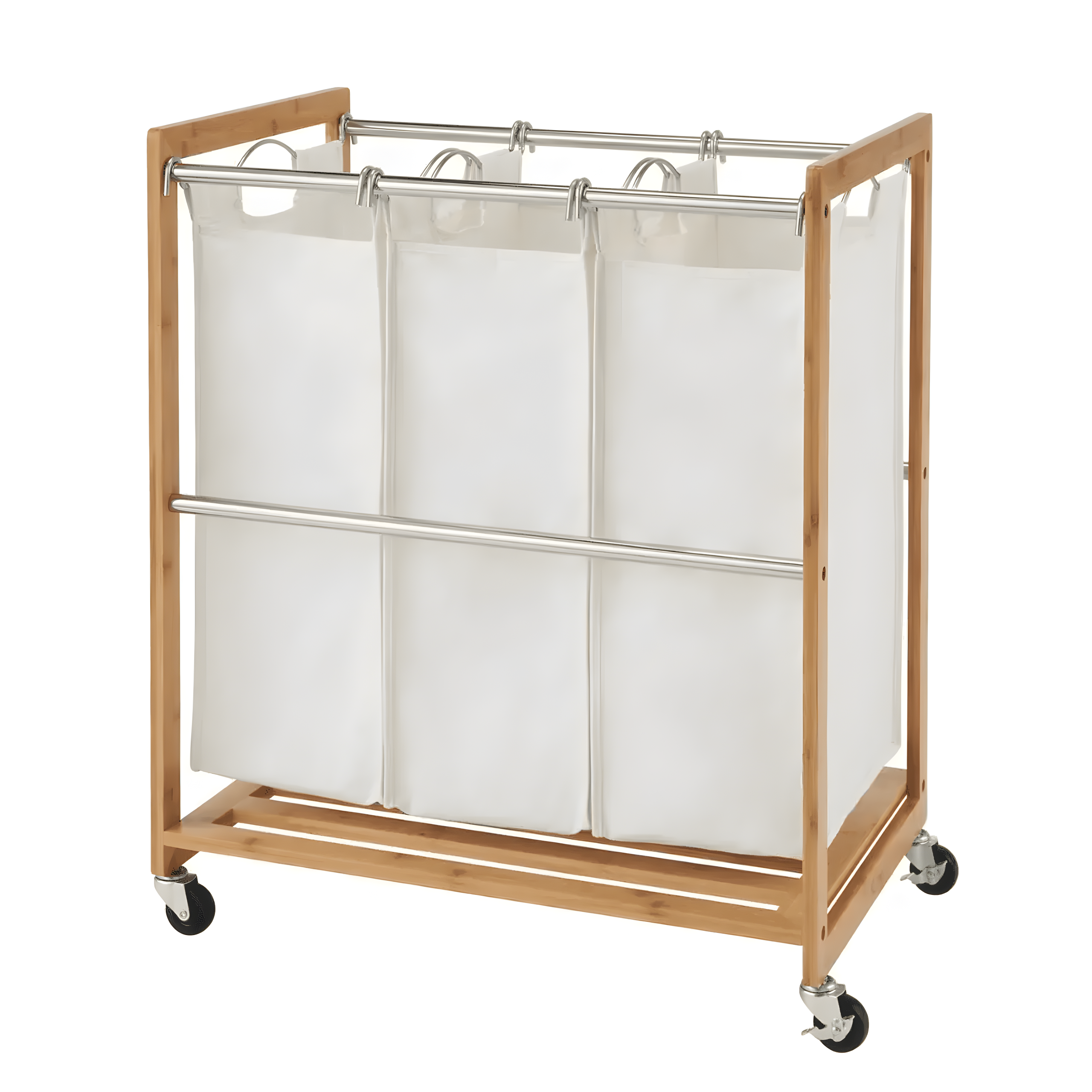 TRINITY EcoStorage 3-Bag Rolling Bamboo Laundry Cart w/ Poles