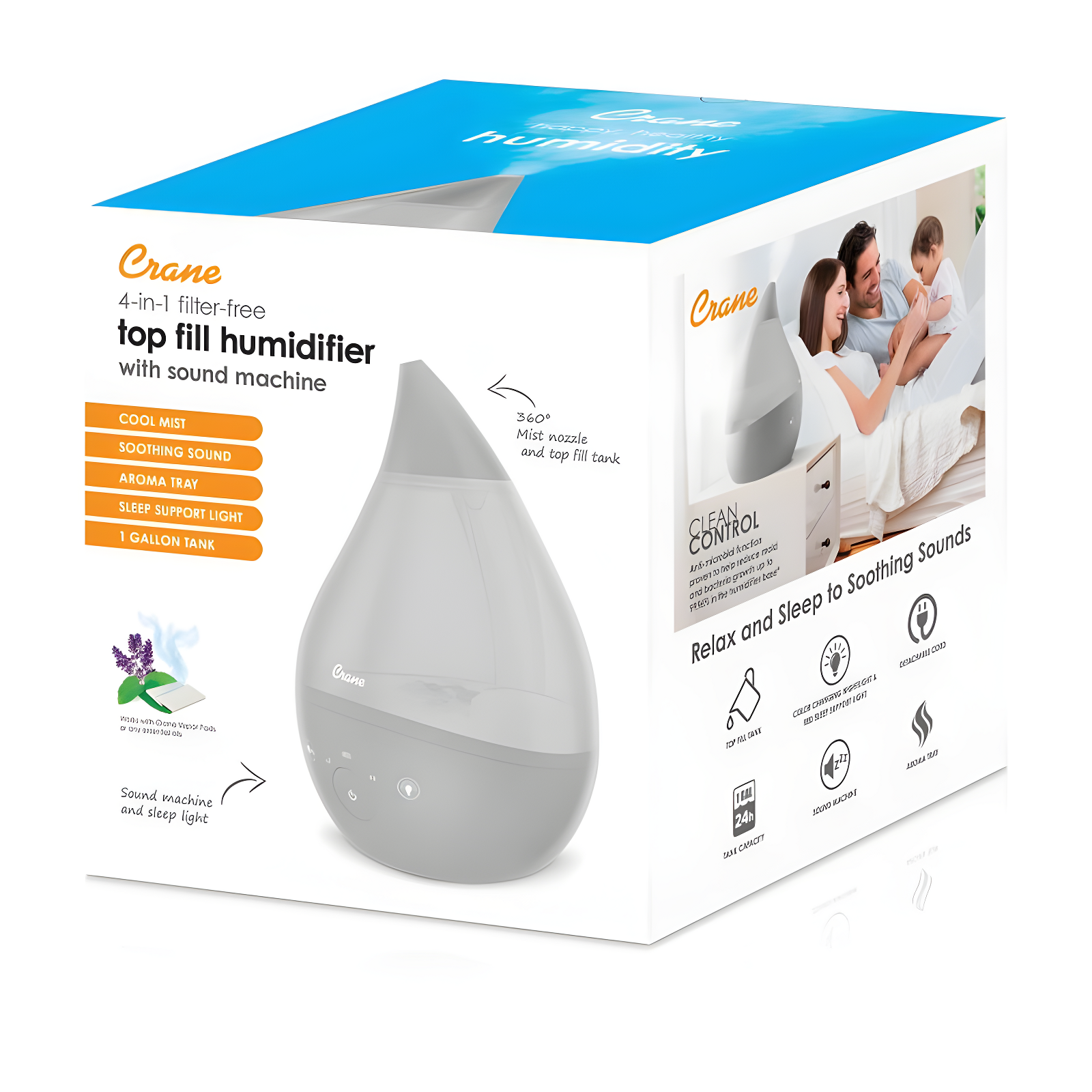 Crane USA Drop 2.0 , 4-in-1 Cool-Mist Humidifier with Aroma Tray & Sound Machine