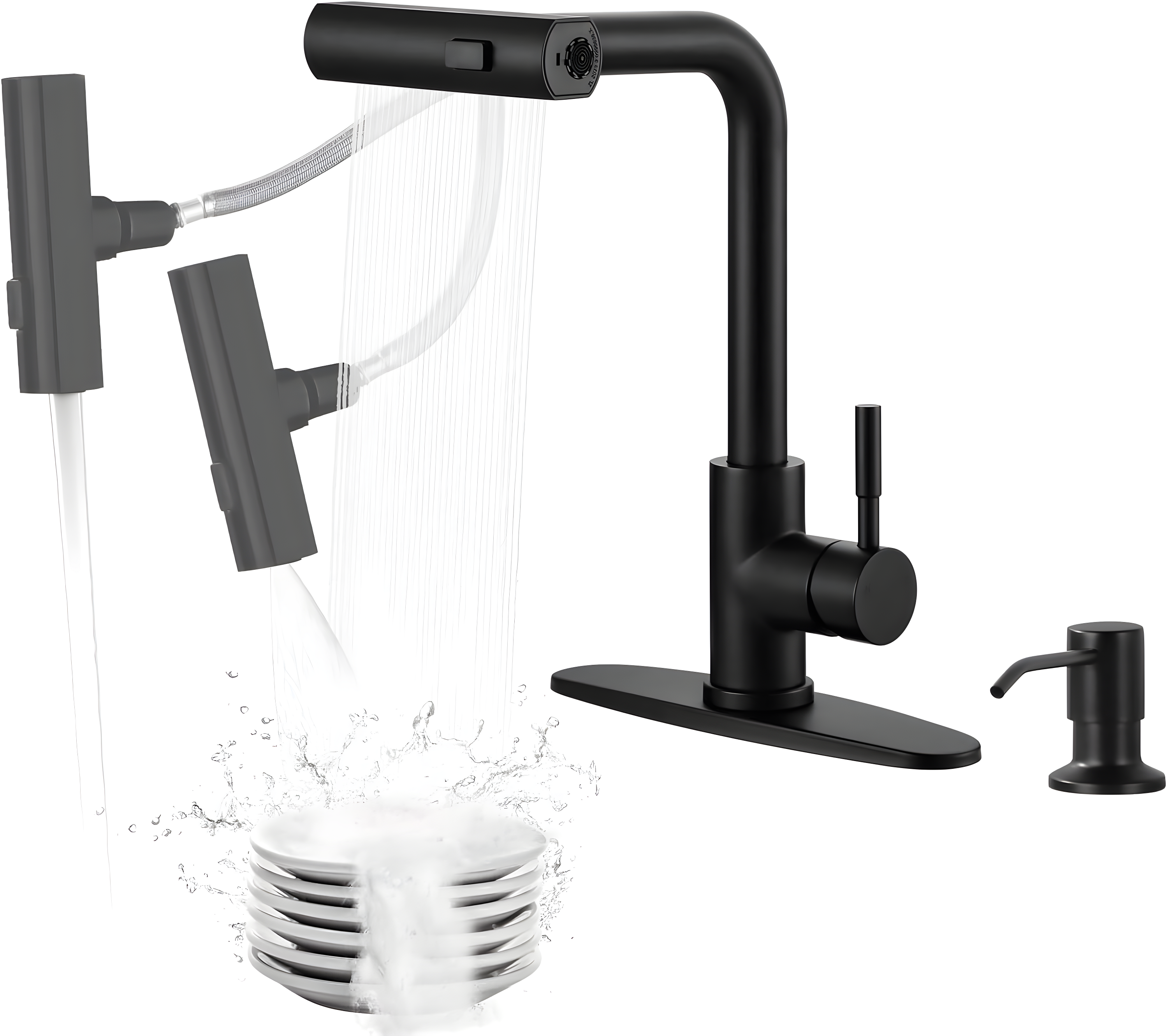 Waterfall Kitchen Faucet with Pull Down Sprayer, Stainless Kitchen Faucet with Sprayer 3 Modes