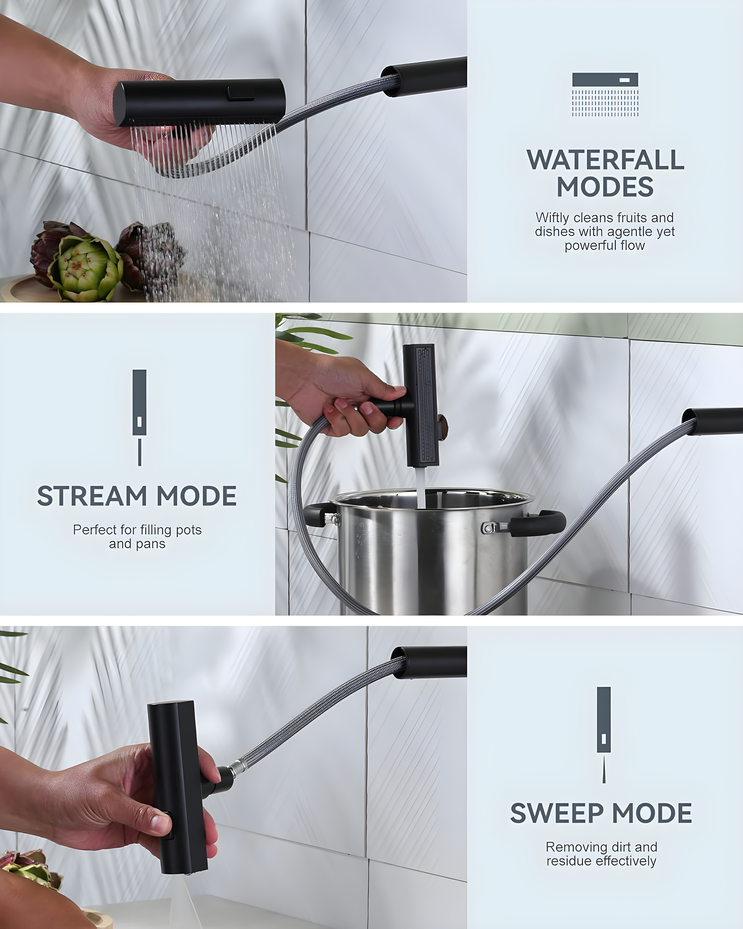 Waterfall Kitchen Faucet with Pull Down Sprayer, Stainless Kitchen Faucet with Sprayer 3 Modes