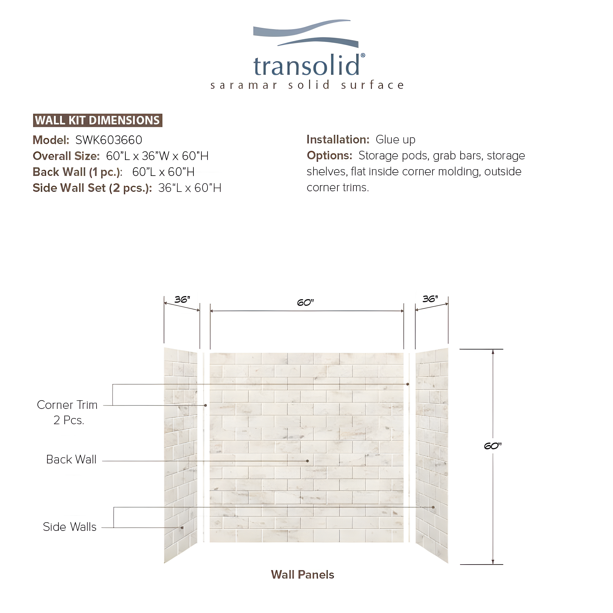 Transolid SaraMar 60'' W 36'' D 60'' H Glue Up Solid Surface Wall