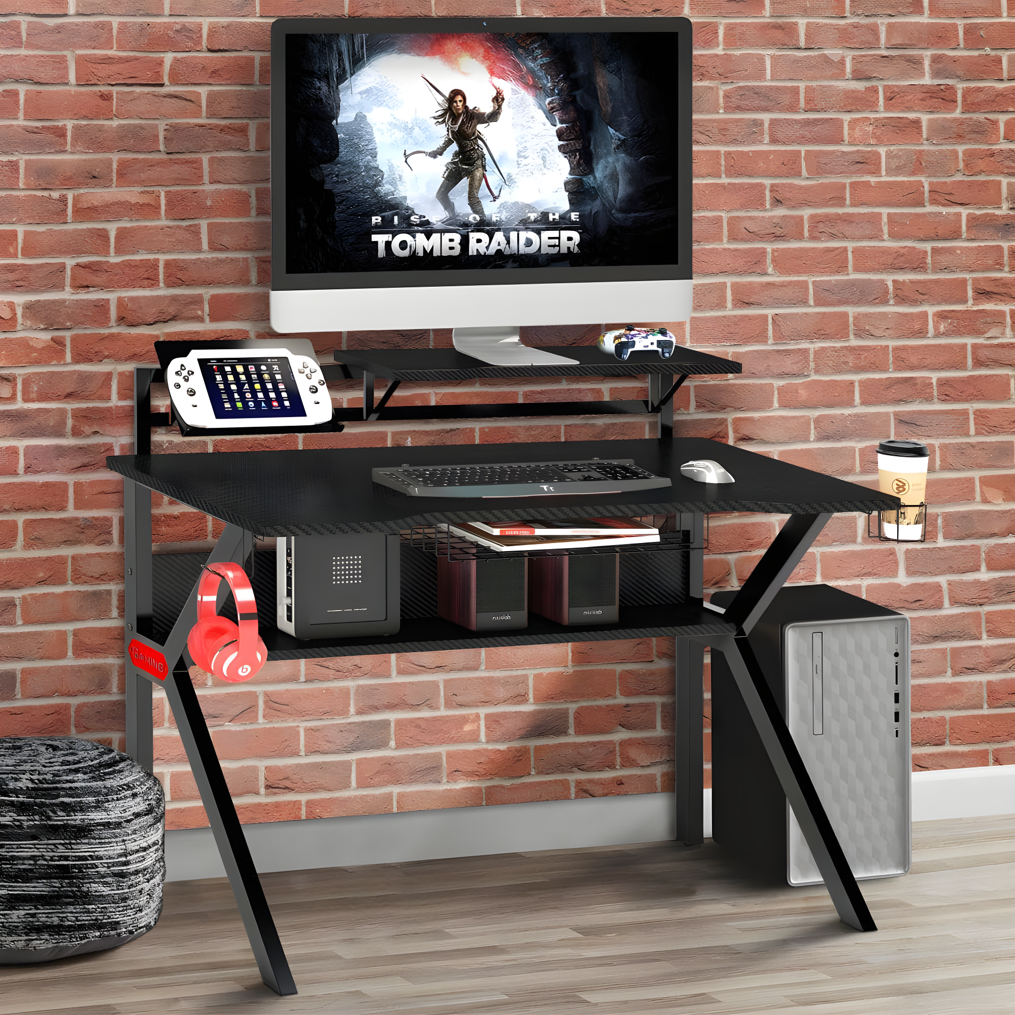 PVC Coated Ergonomic Gaming Desk with Open Storage Shelf & K-Shape Legs - The Urban Port