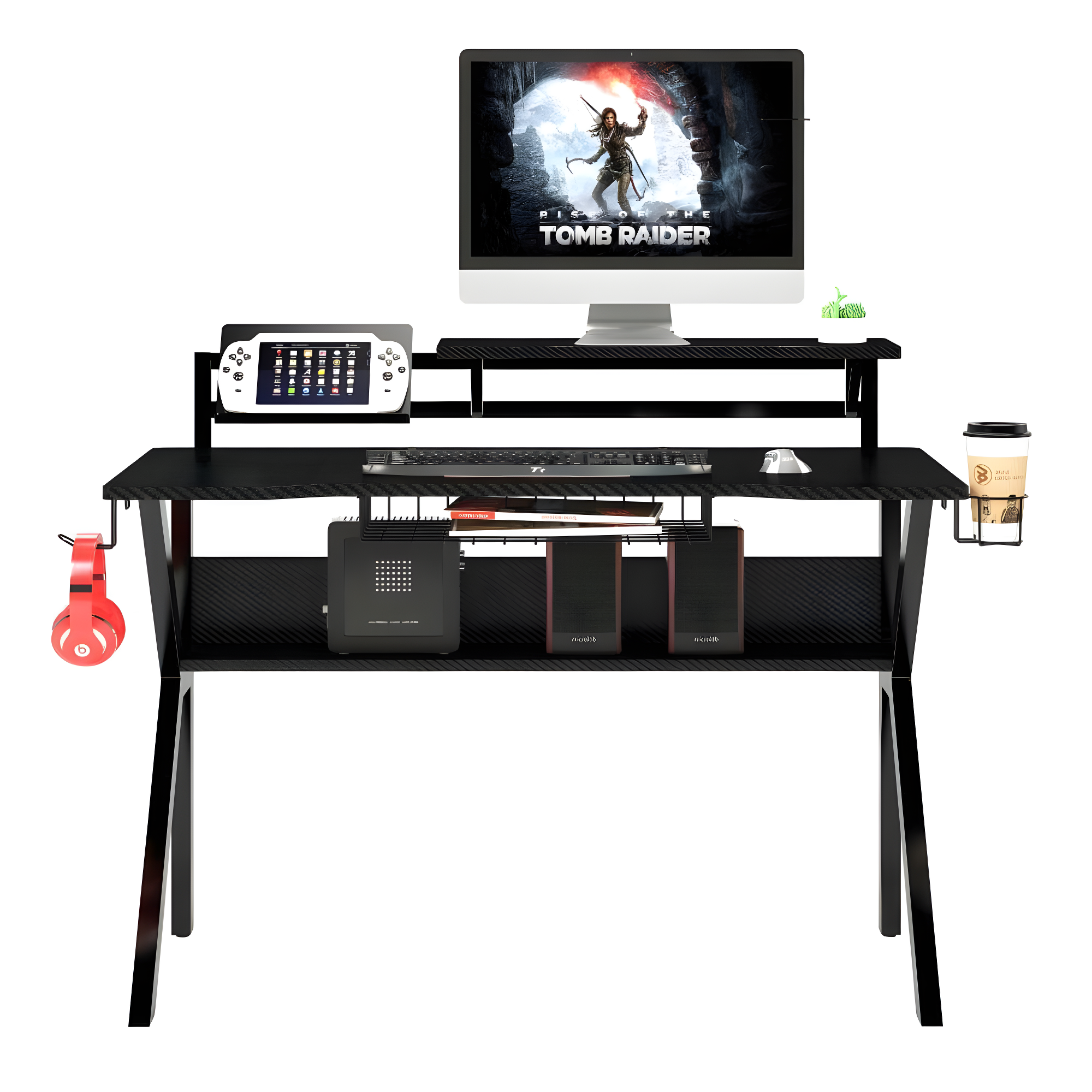 PVC Coated Ergonomic Gaming Desk with Open Storage Shelf & K-Shape Legs - The Urban Port