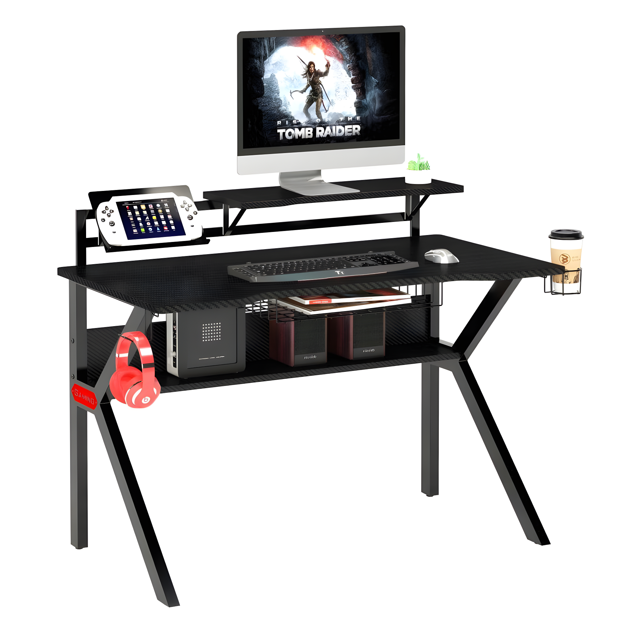 PVC Coated Ergonomic Gaming Desk with Open Storage Shelf & K-Shape Legs - The Urban Port