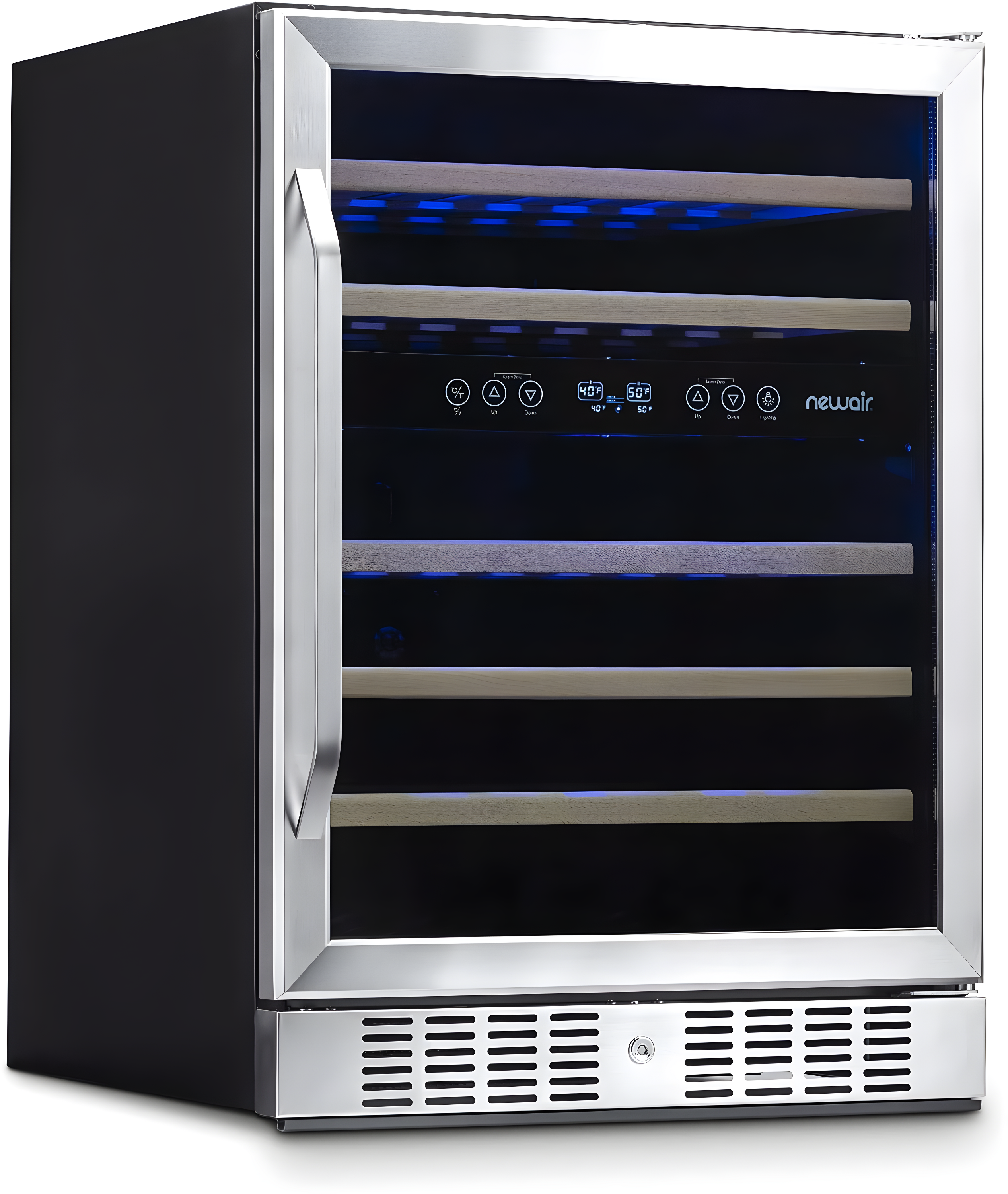Newair 24” Built-in 46 Bottle Dual Zone Wine Cooler with Removable Beechwood Shelves in Black Stainless Steel