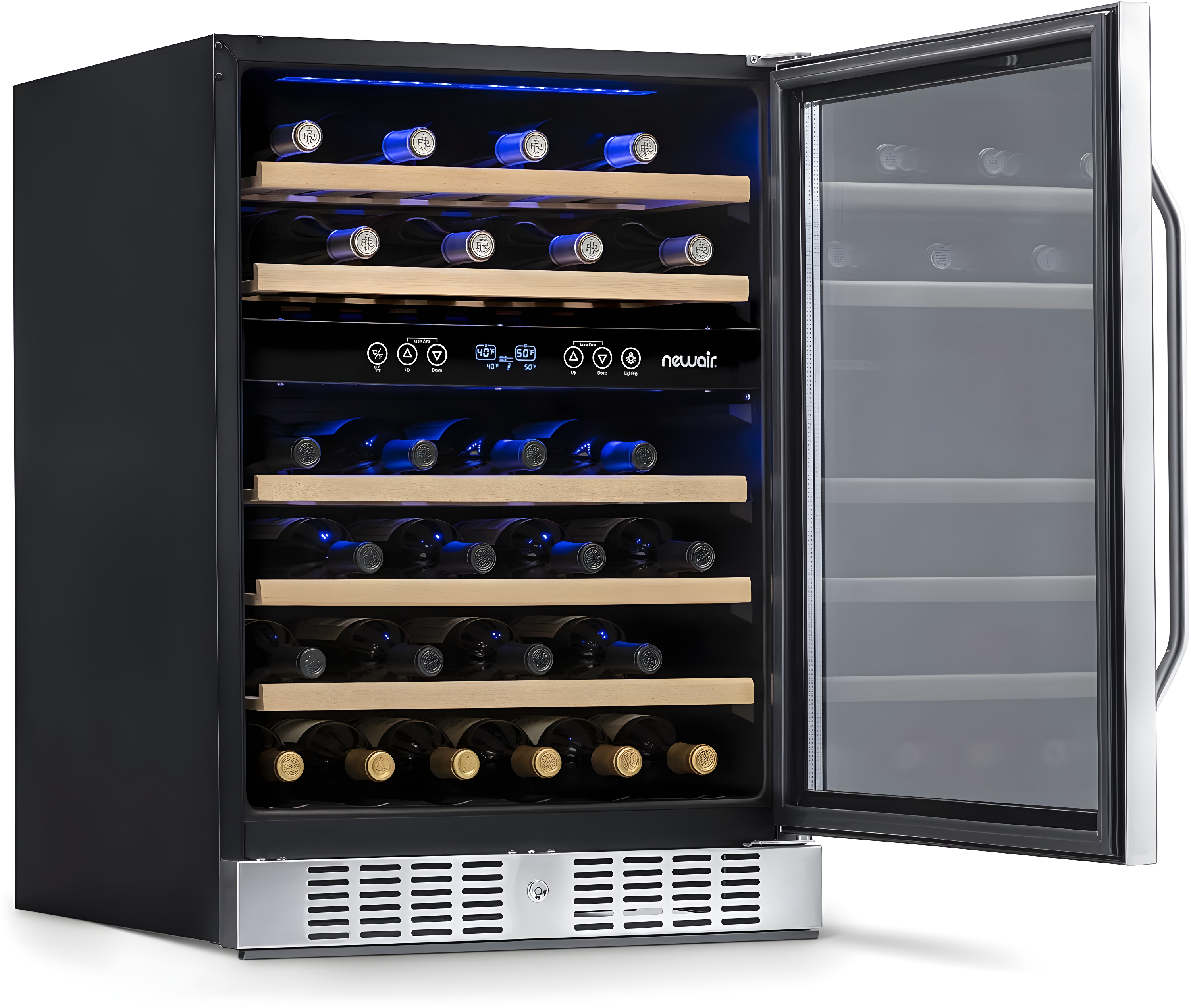 Newair 24” Built-in 46 Bottle Dual Zone Wine Cooler with Removable Beechwood Shelves in Black Stainless Steel