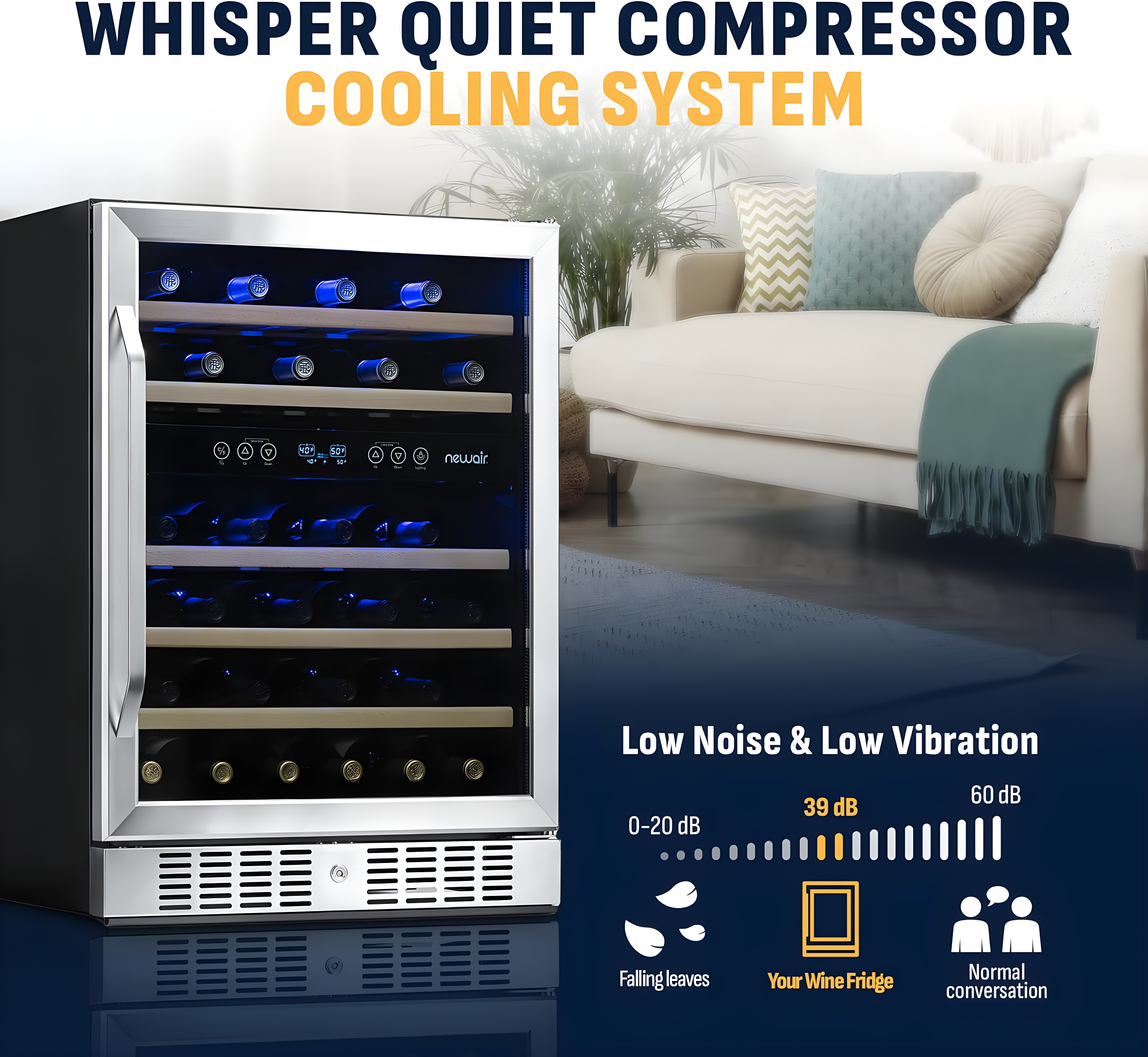 Newair 24” Built-in 46 Bottle Dual Zone Wine Cooler with Removable Beechwood Shelves in Black Stainless Steel