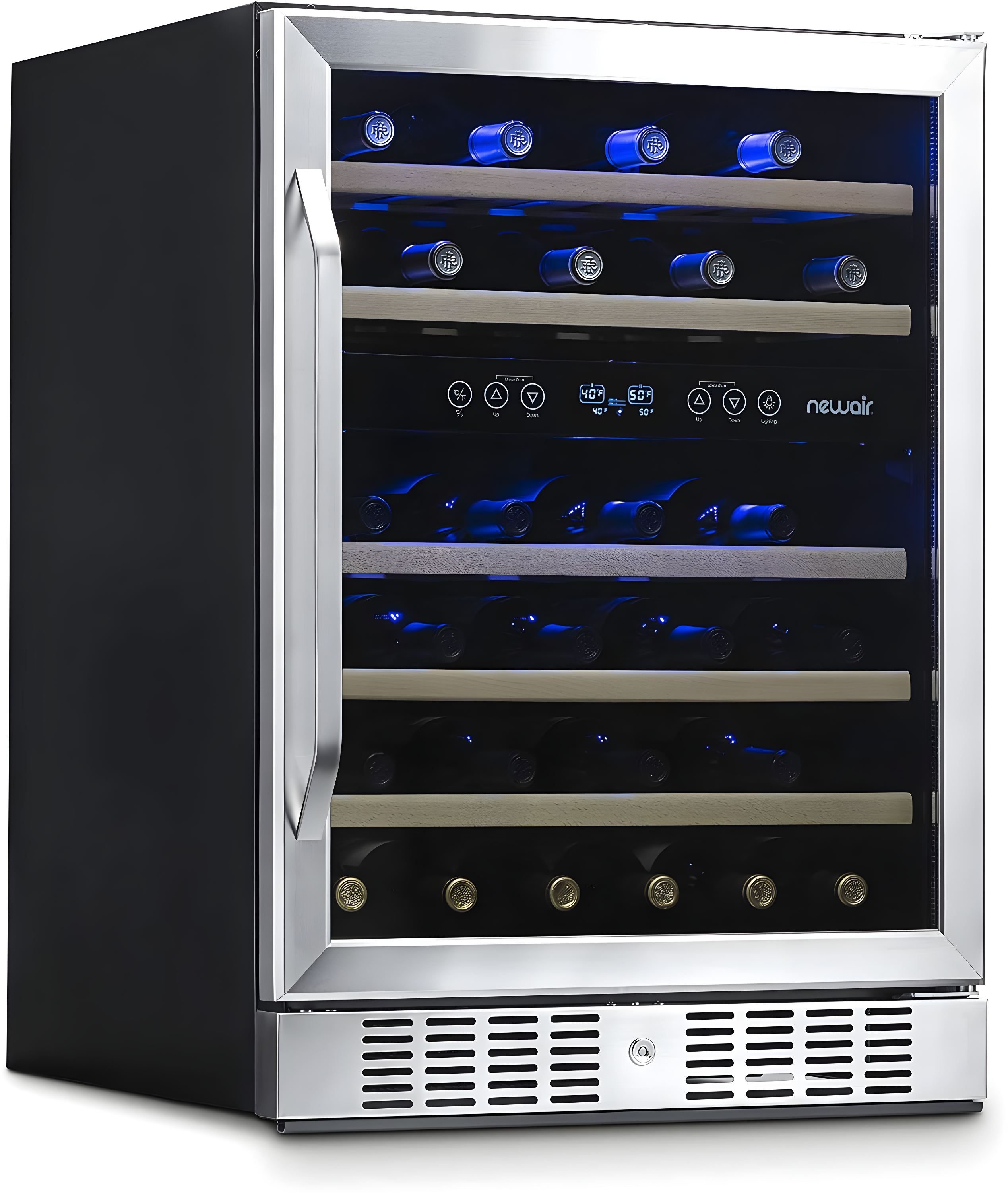 Newair 24” Built-in 46 Bottle Dual Zone Wine Cooler with Removable Beechwood Shelves in Black Stainless Steel