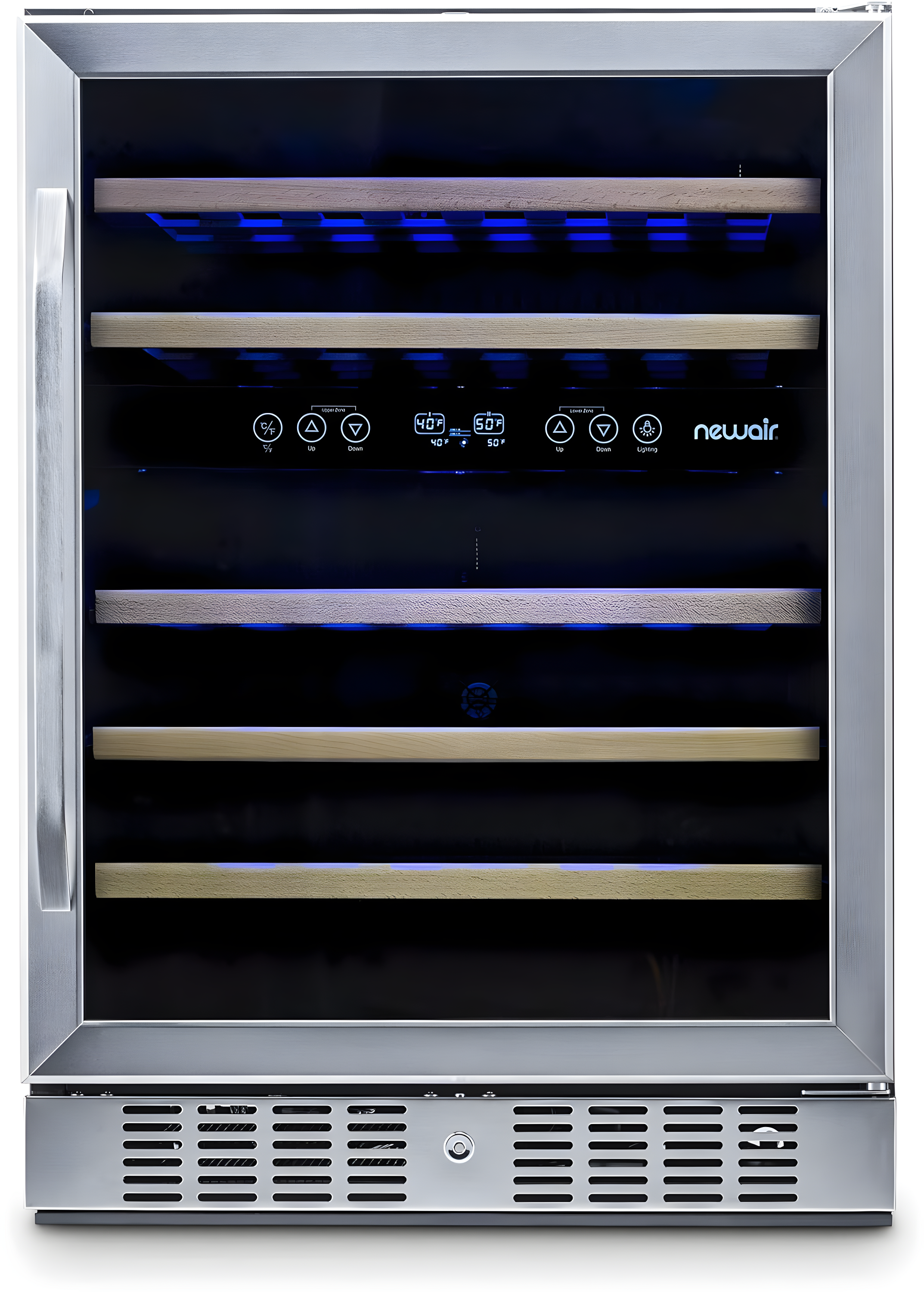 Newair 24” Built-in 46 Bottle Dual Zone Wine Cooler with Removable Beechwood Shelves in Black Stainless Steel